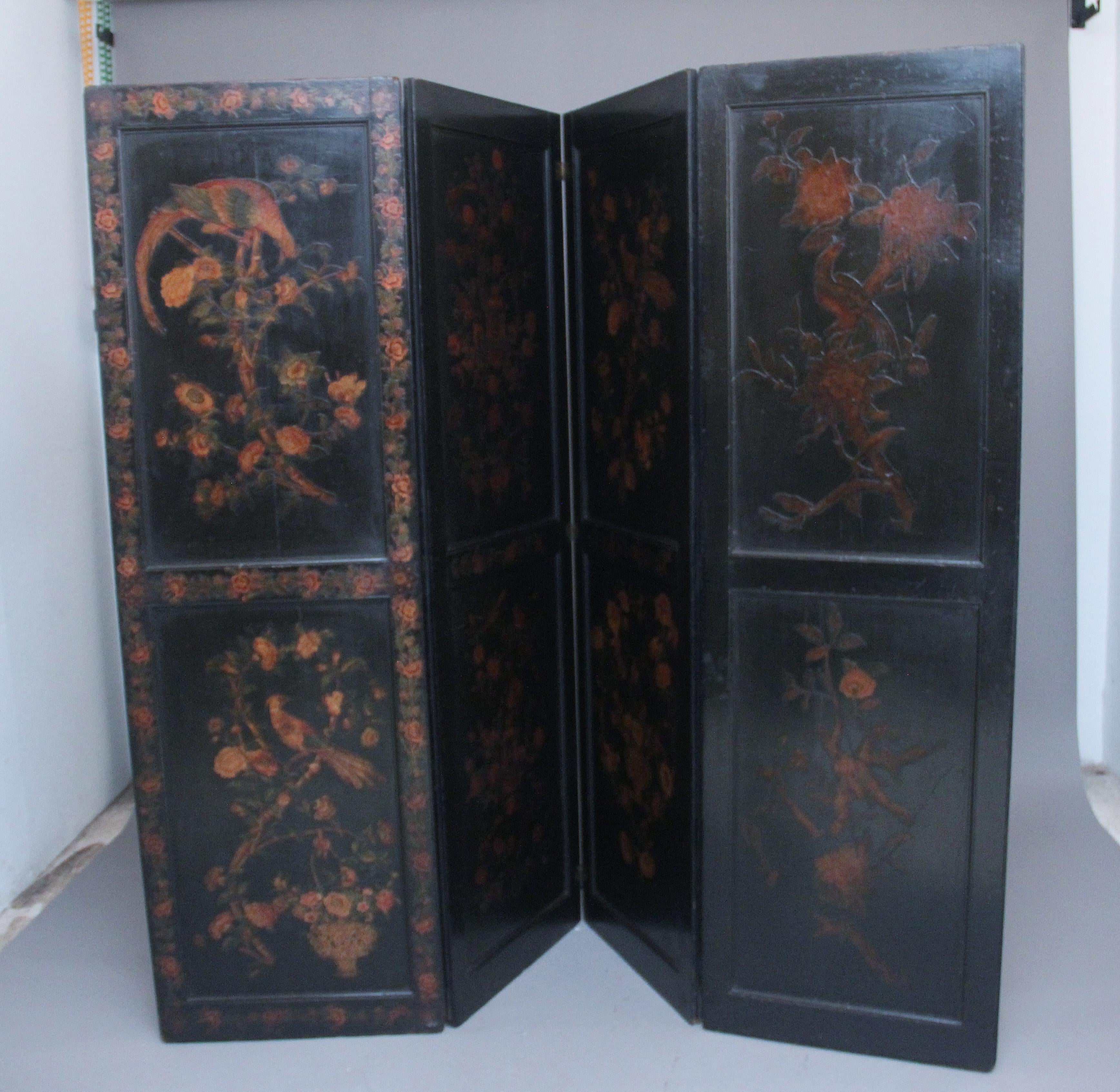 British 19th Century Chinoiserie and Black Lacquered Four Panel Screen