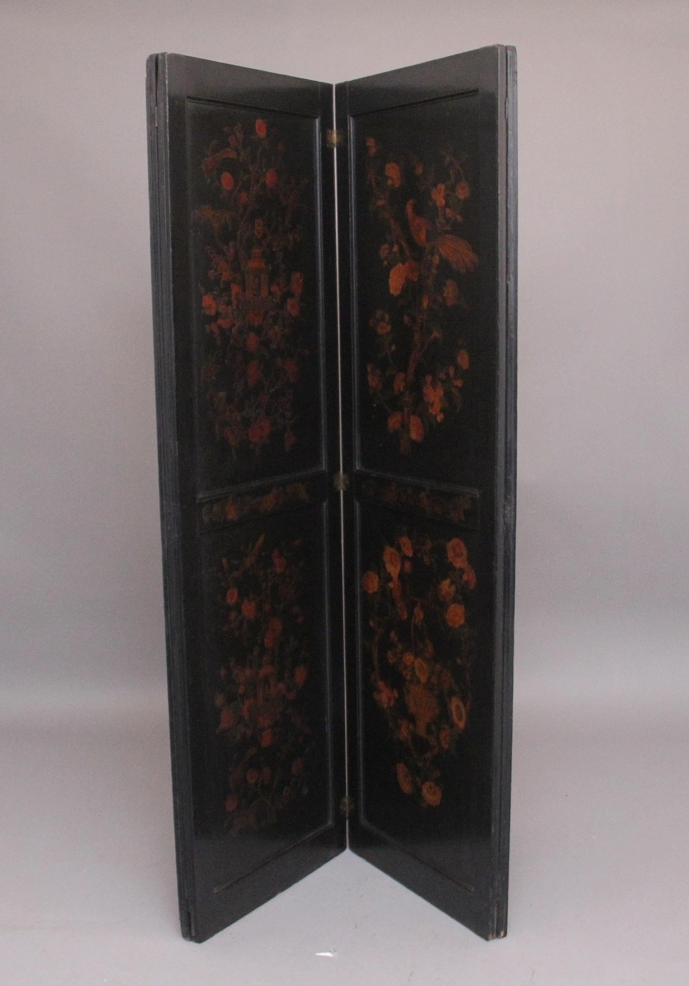 19th Century Chinoiserie and Black Lacquered Four Panel Screen In Good Condition In Martlesham, GB