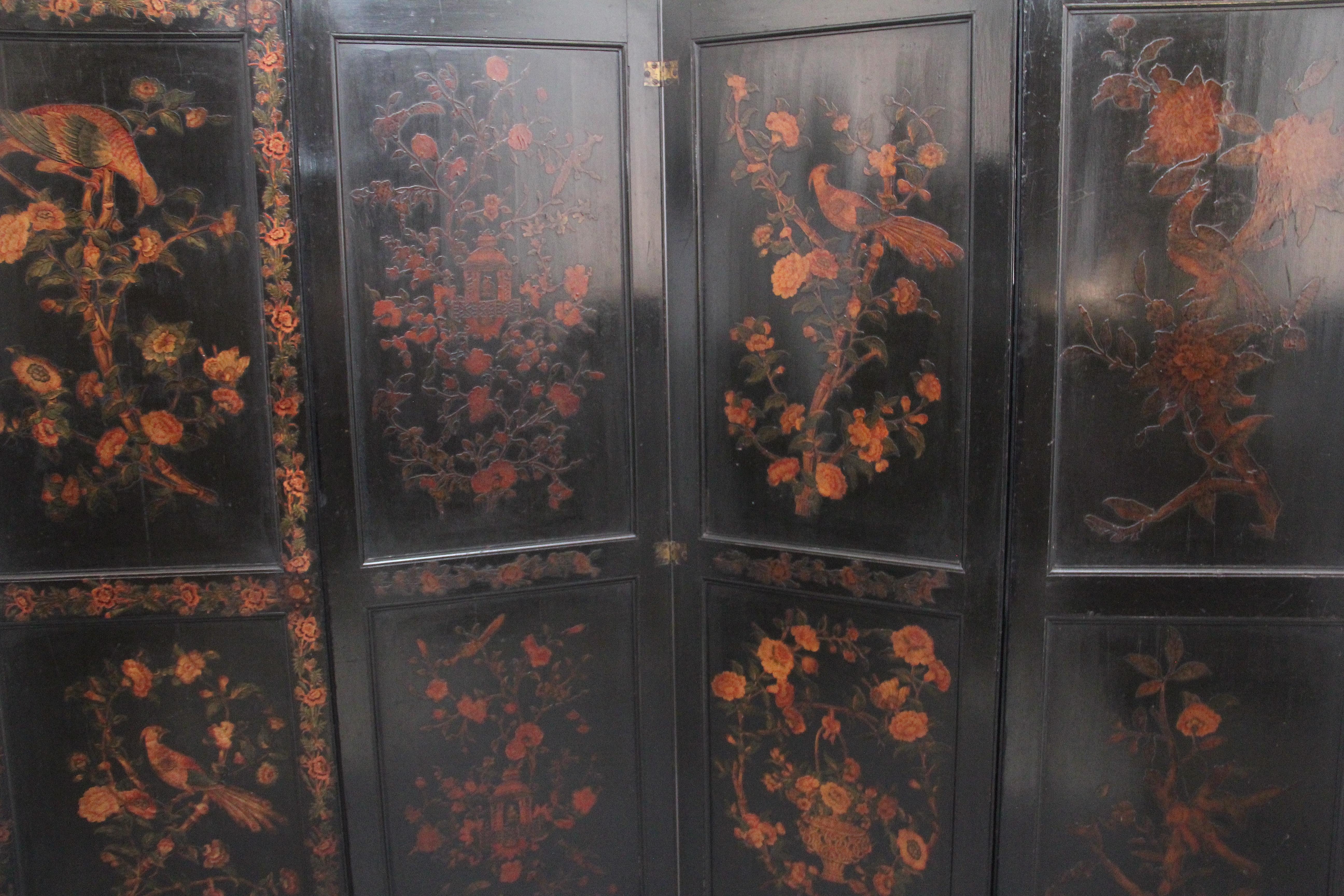 19th Century Chinoiserie and Black Lacquered Four Panel Screen 1