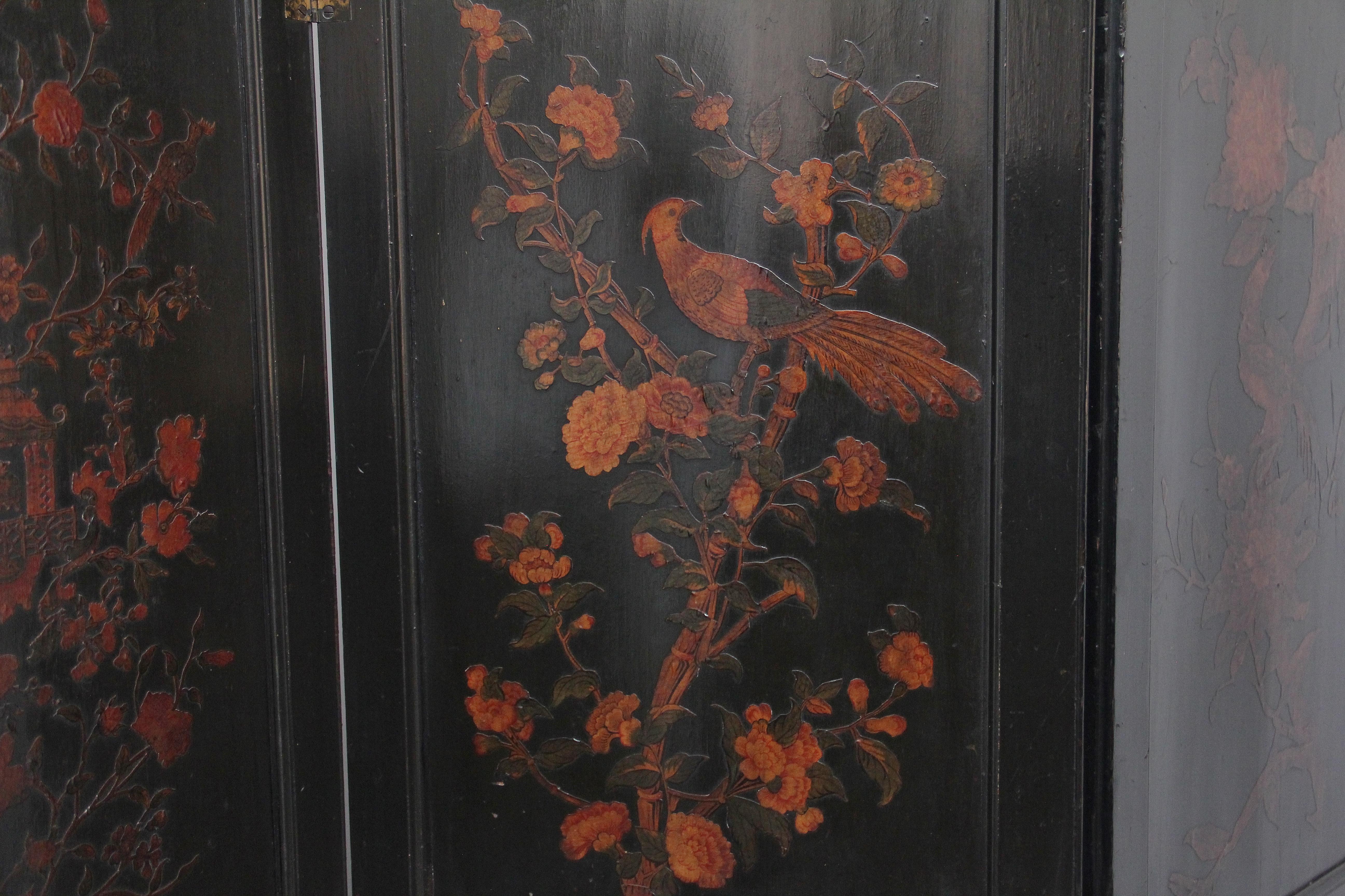 19th Century Chinoiserie and Black Lacquered Four Panel Screen 2