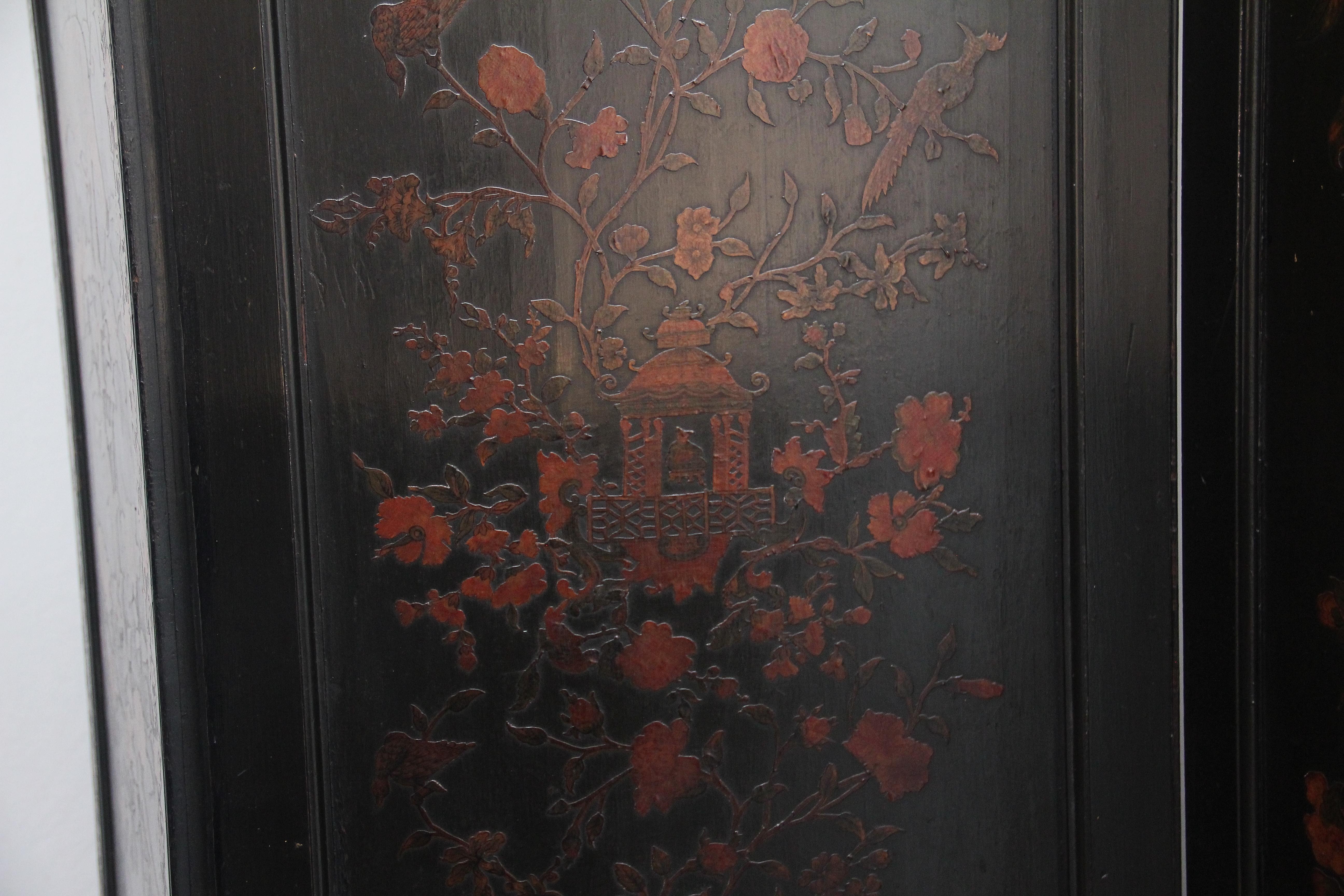 19th Century Chinoiserie and Black Lacquered Four Panel Screen 3