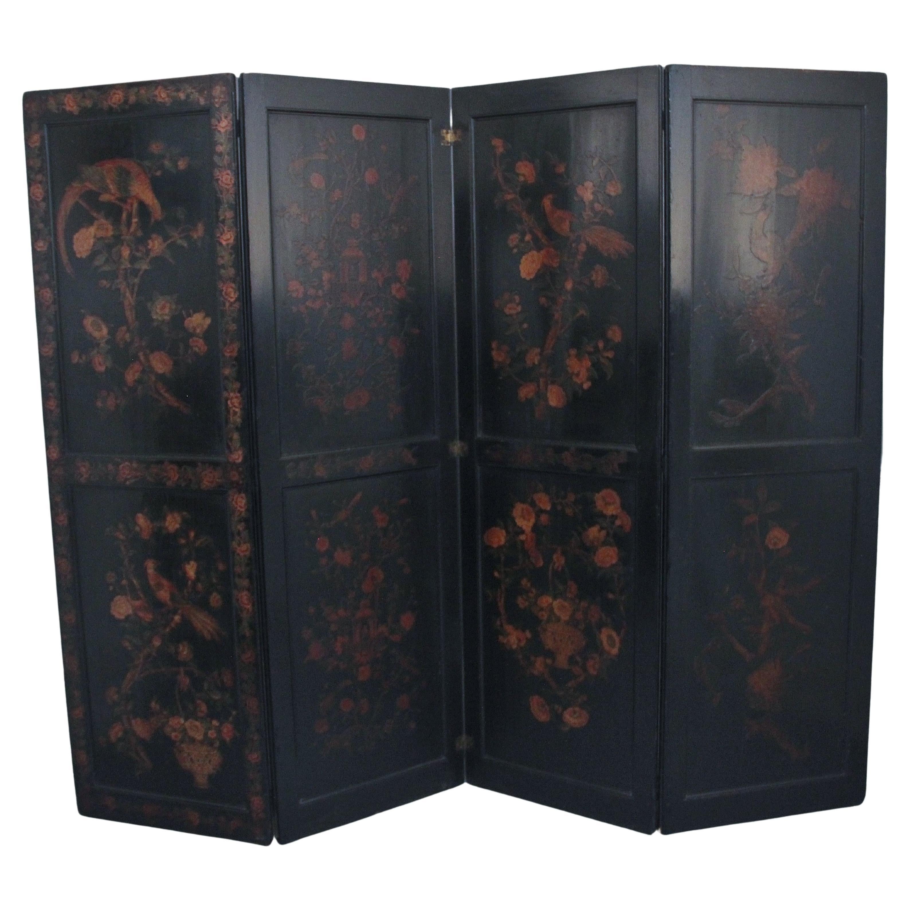 19th Century Chinoiserie and Black Lacquered Four Panel Screen