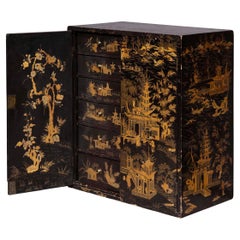 19th Century Chinoiserie Black Lacquer Table Cabinet