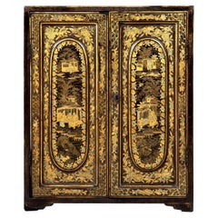 Antique 19th Century Chinoiserie Cabinet in Black Lacquer and Gilt Decoration