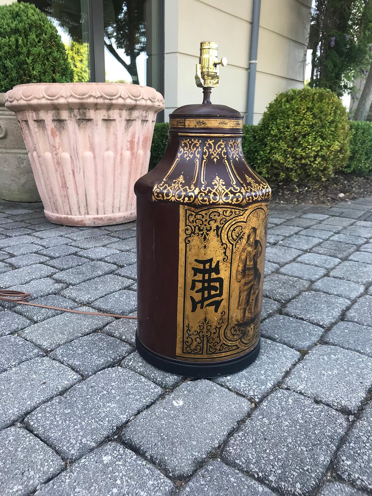 19th Century Chinoiserie Chocolate Colored Tea Tin as Lamp In Good Condition For Sale In Atlanta, GA