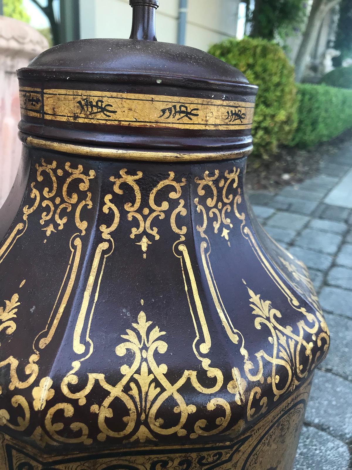 19th Century Chinoiserie Chocolate Colored Tea Tin as Lamp For Sale 3