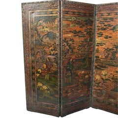 19th Century Chinoiserie Folding Screen, Hand-Painted Leather