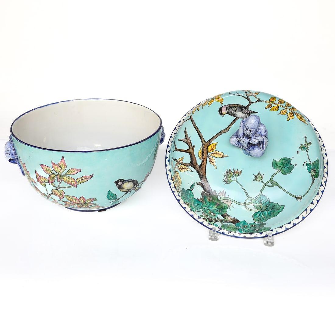 Centre de table et vases chinoiserie française en faïence du 19ème siècle par Gien en vente 7
