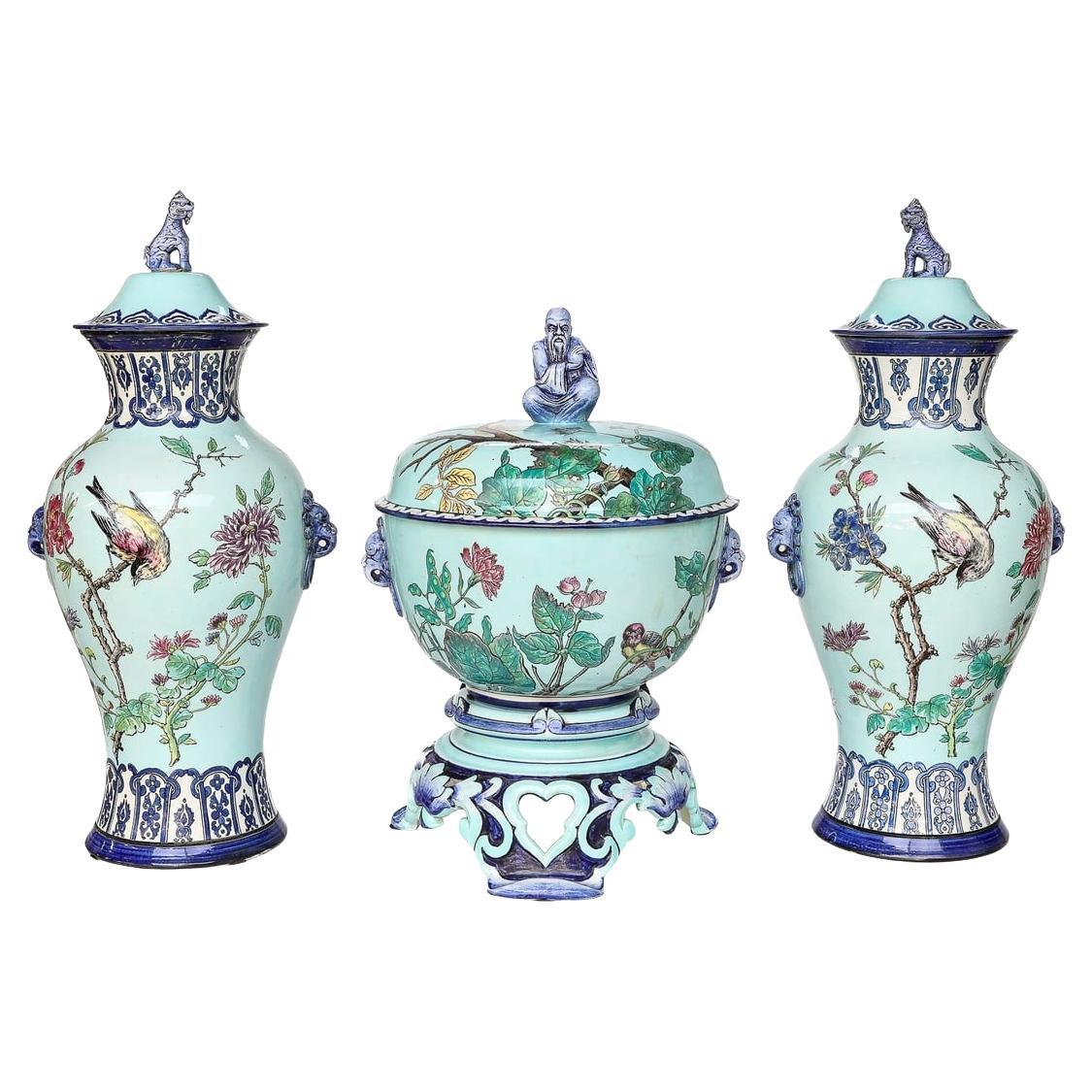 19th Century Chinoiserie French Faience Garniture Centerpiece and Vases by Gien