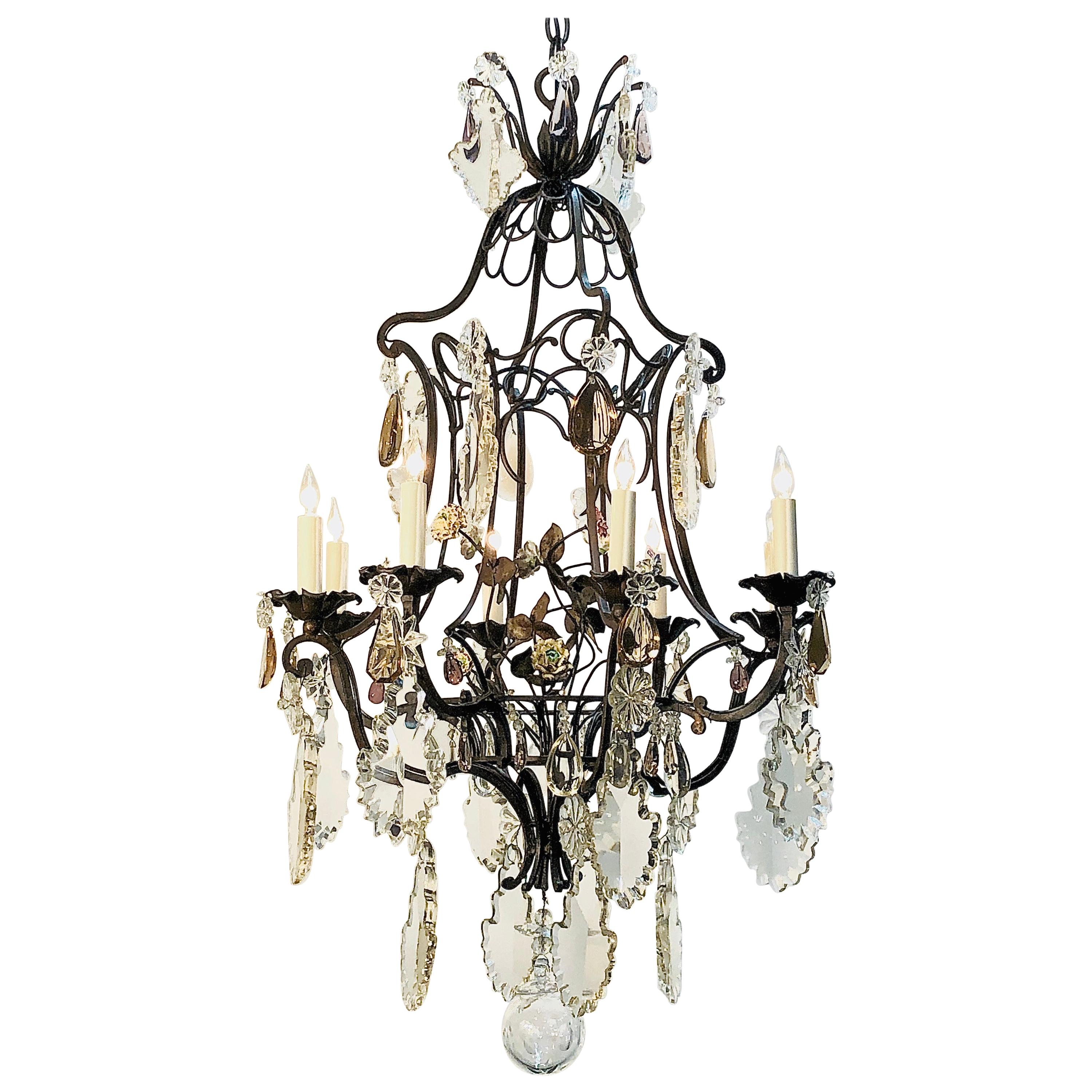 19th Century Chinoiserie Iron Chandelier with Pagoda Top and Crystal Prisms