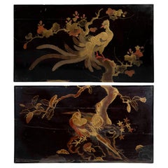 Cuadros de aves exóticas en laca y dorado de la Chinoiserie del siglo XIX