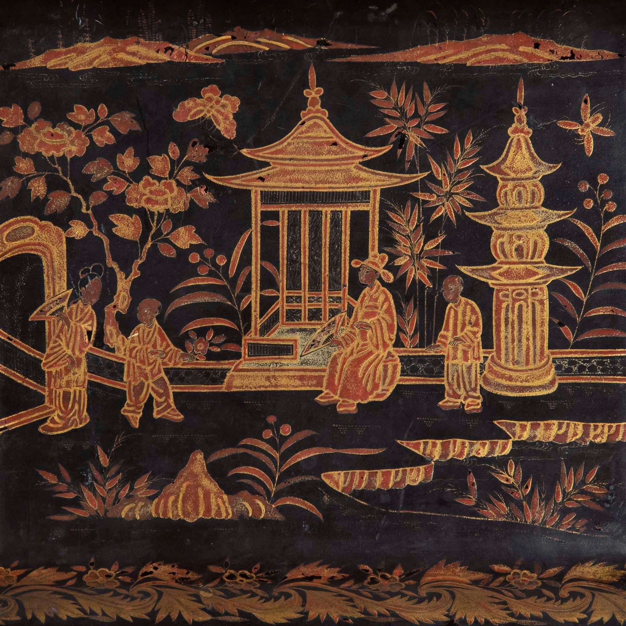 A charming and decorative Chinese export black lacquer box made for the European market and exquisitely gilt-decorated with whimsical oriental motifs of figures in an exotic garden amid pagodas and foliage.
Canton, Qing dynasty, mid-19th