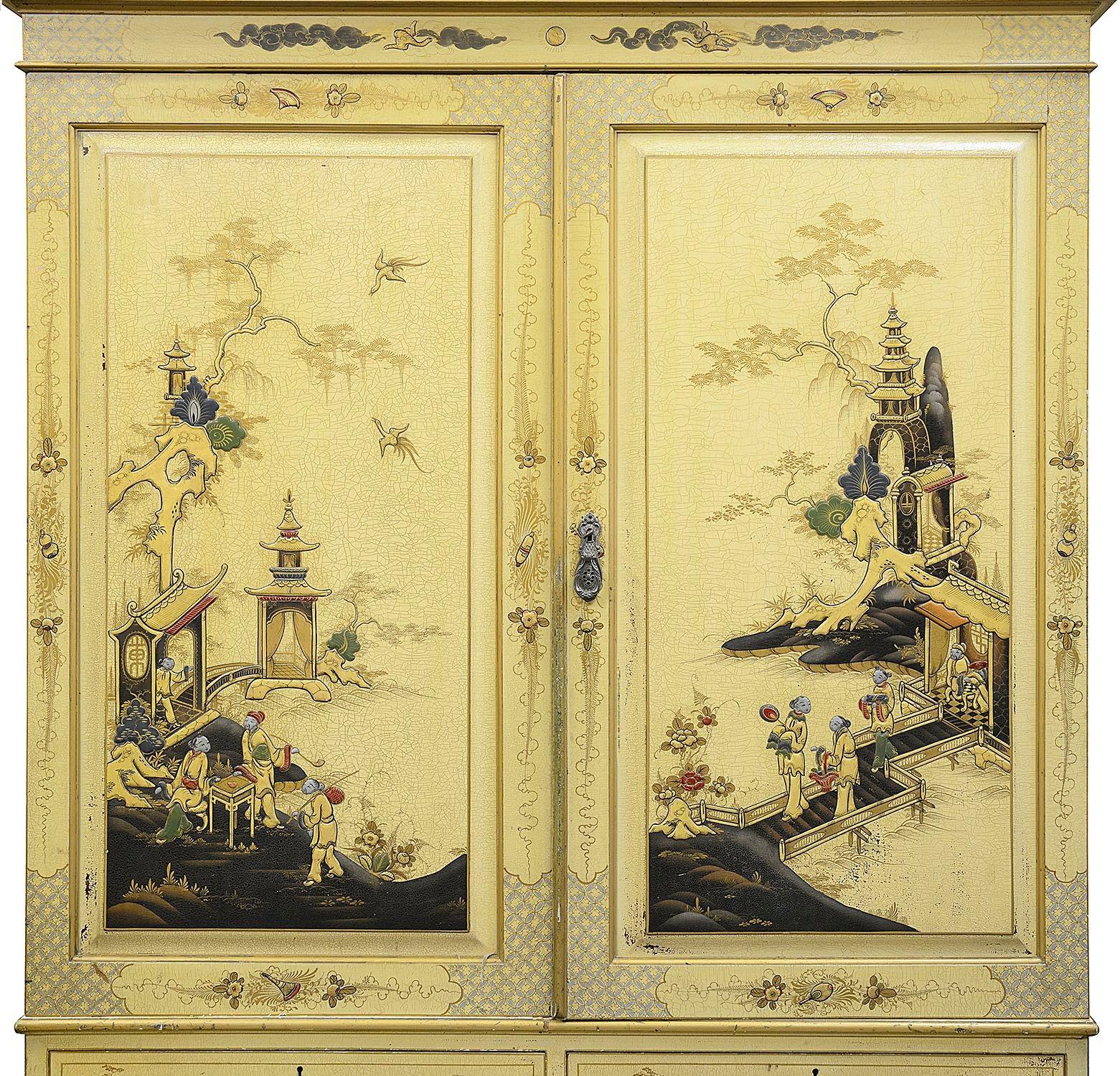 A very decorative 19th century cream painted chinoiserie lacquer Linen press, with wonderful hand painted classical oriental scenes to the front and sides, depicting pagoda buildings, trees, bridges, courtiers and fishermen in boats, two hinged