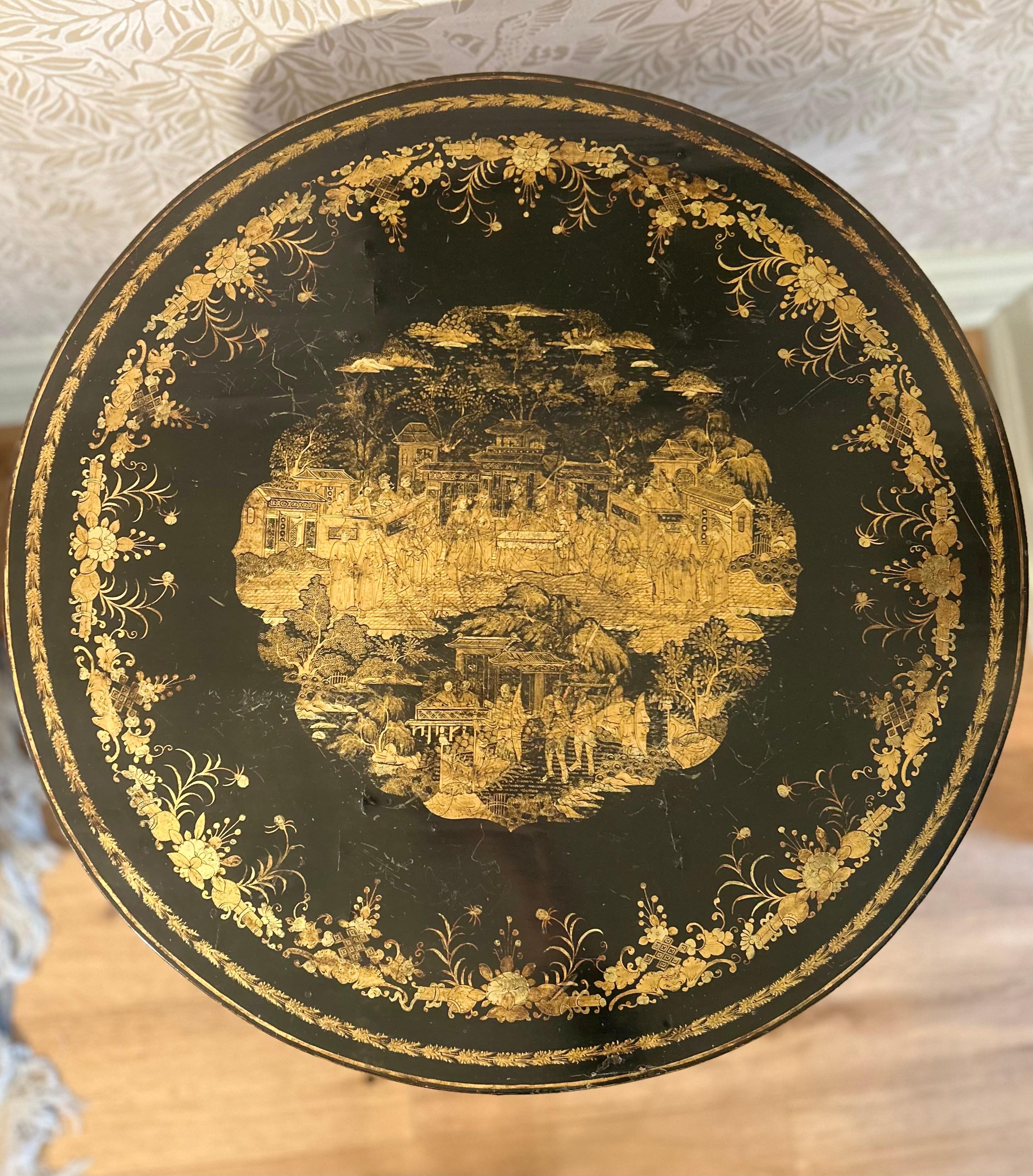 Chinese Export 19th Century Chinoiserie Lacquer Pedestal Table For Sale