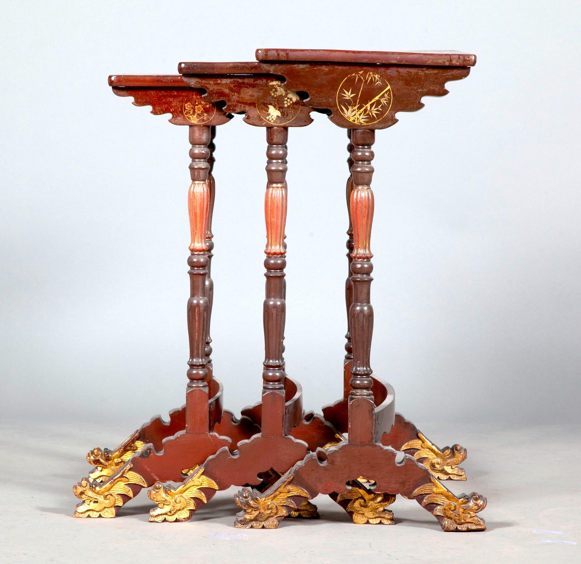 Wood 19th Century Chinoiserie Lacquered Three Piece Nesting Tables For Sale