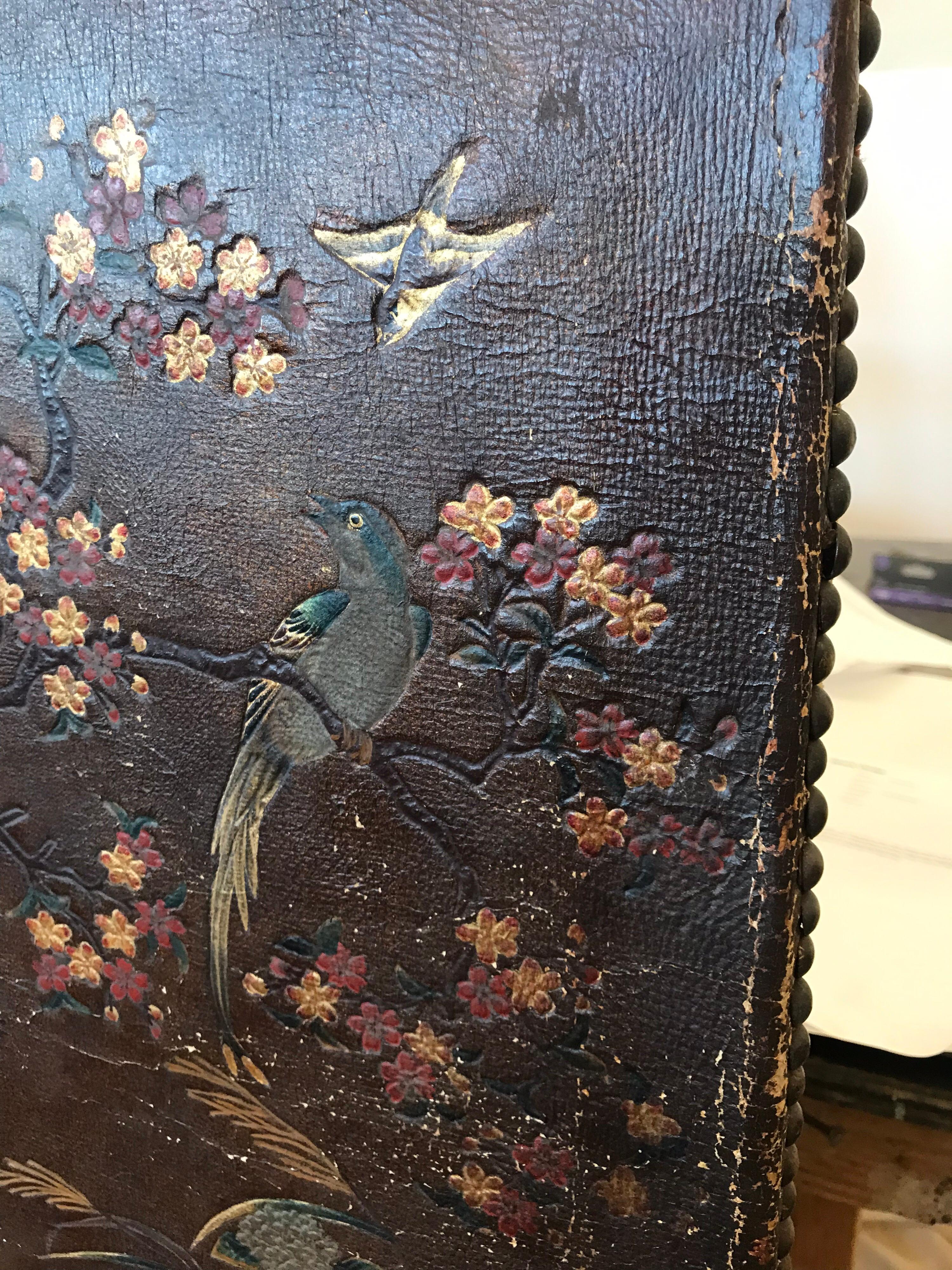 Fanciful 19th Century Chinoiserie Leather Screen For Sale 6