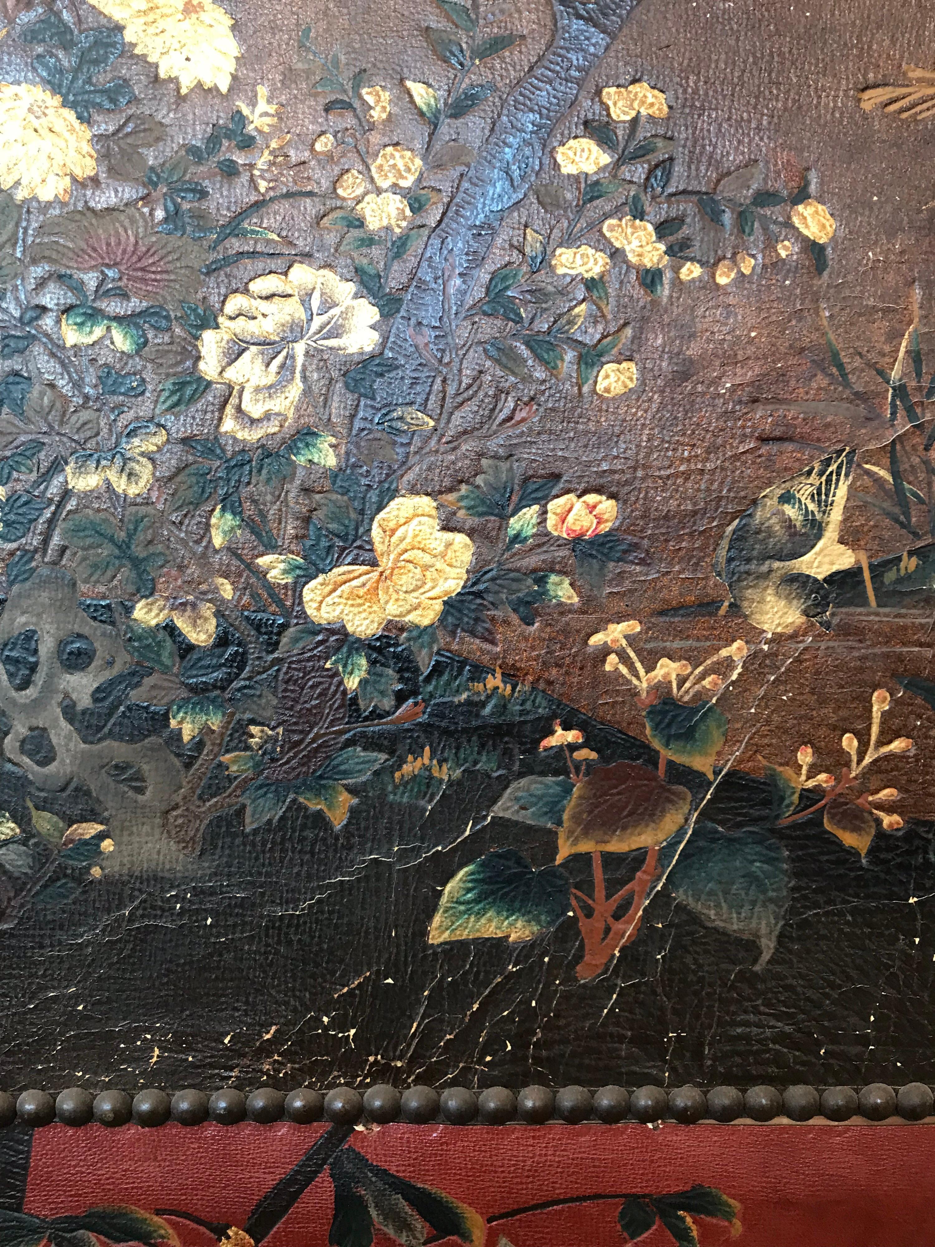 Fanciful 19th Century Chinoiserie Leather Screen For Sale 12