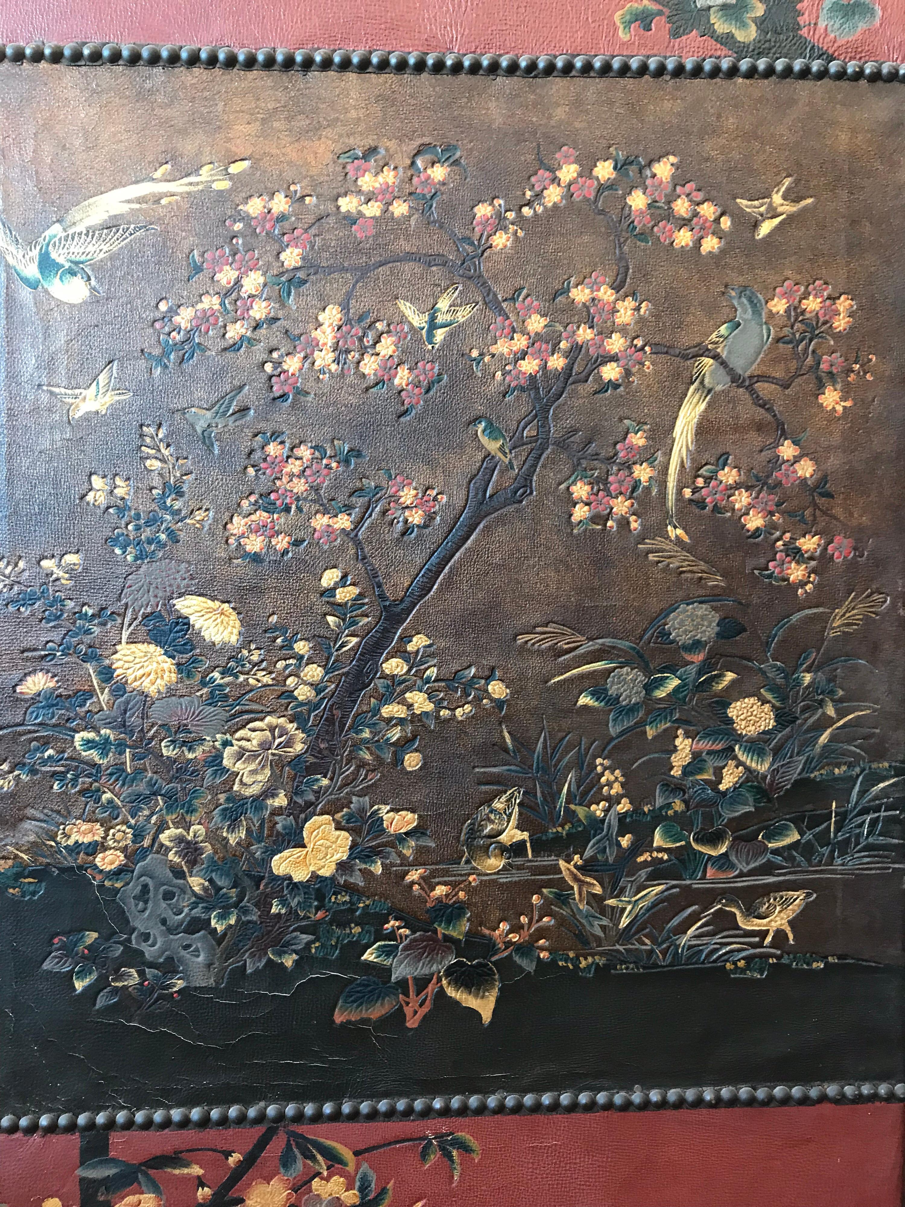 Embossed Fanciful 19th Century Chinoiserie Leather Screen For Sale