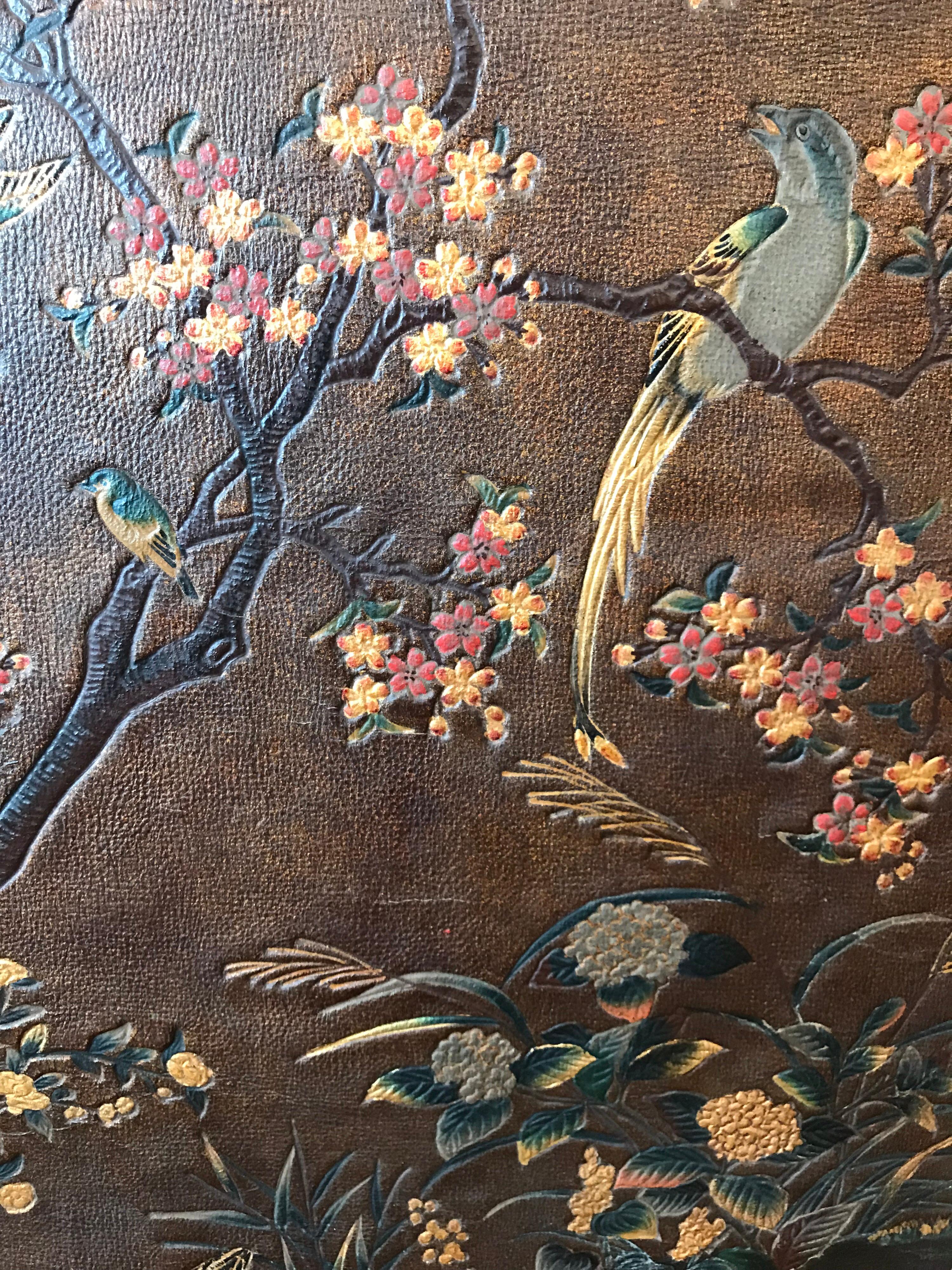 Fanciful 19th Century Chinoiserie Leather Screen For Sale 1