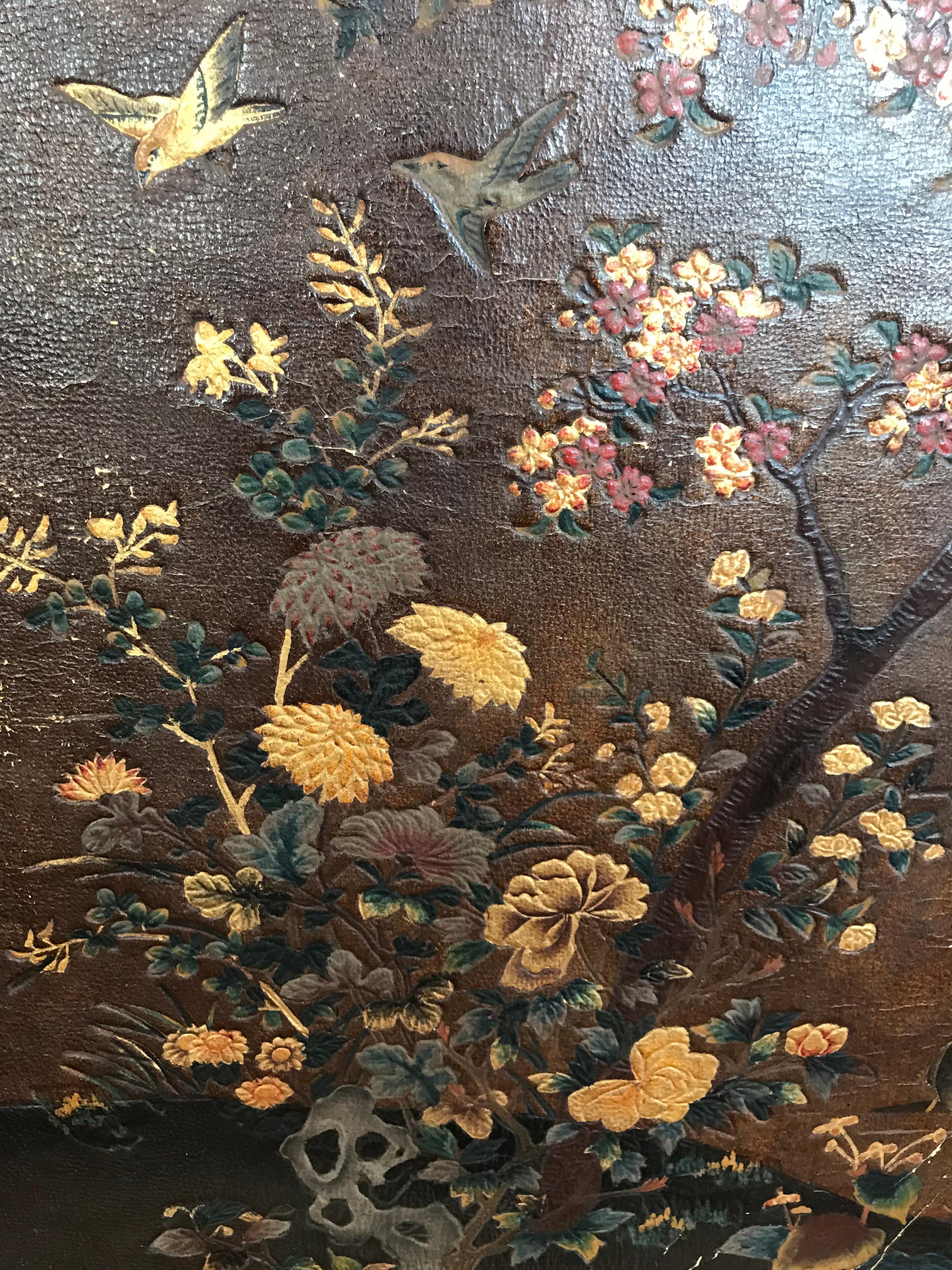 Fanciful 19th Century Chinoiserie Leather Screen For Sale 2