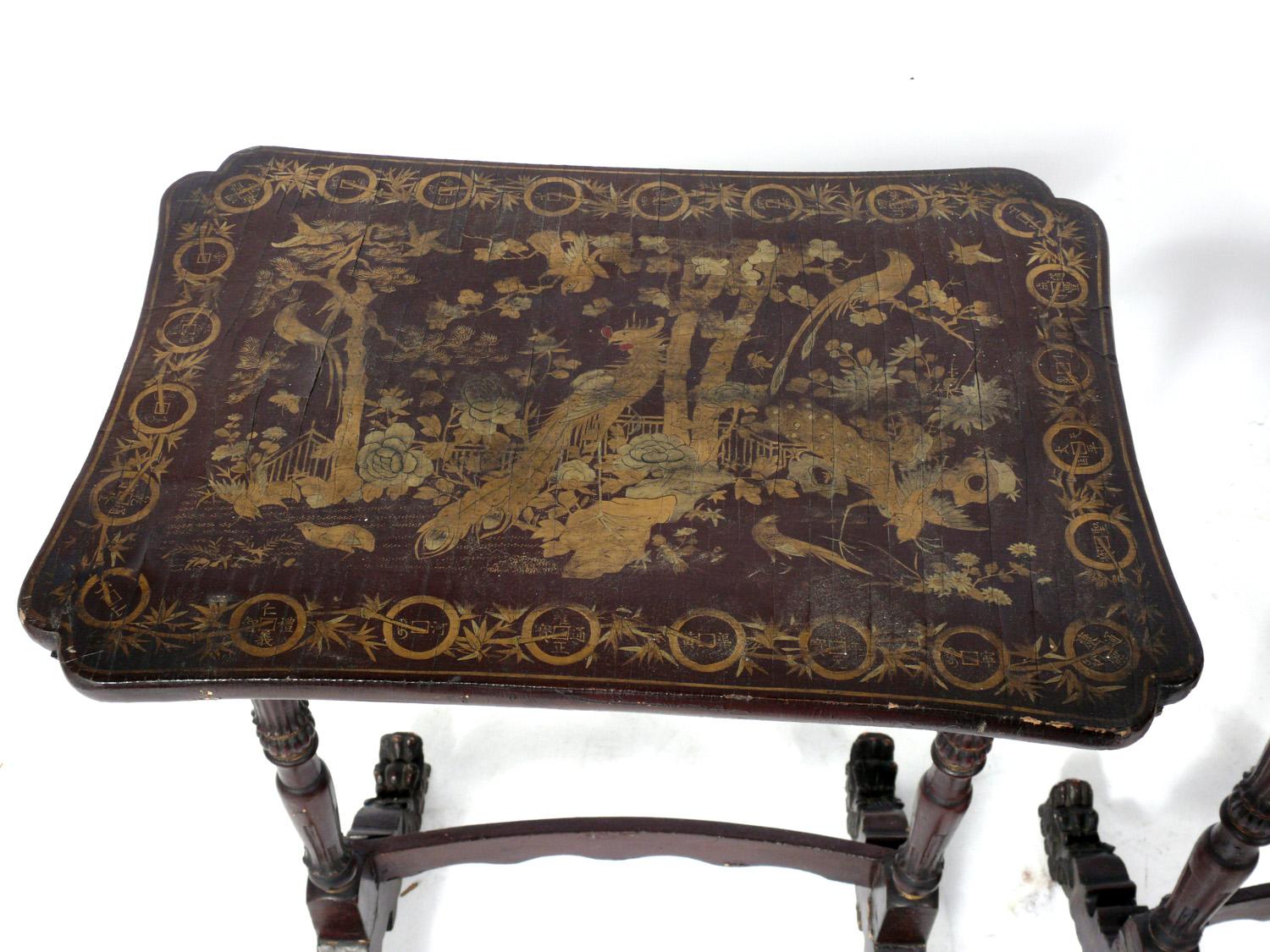 19th century Chinoiserie nesting tables, probably Chinese for the export market, circa 19th century. They retain their original overall craquelure patina.