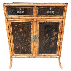 Antique 19th Century Chinoiserie Painted Bamboo Cabinet with Two Drawers and Two Doors