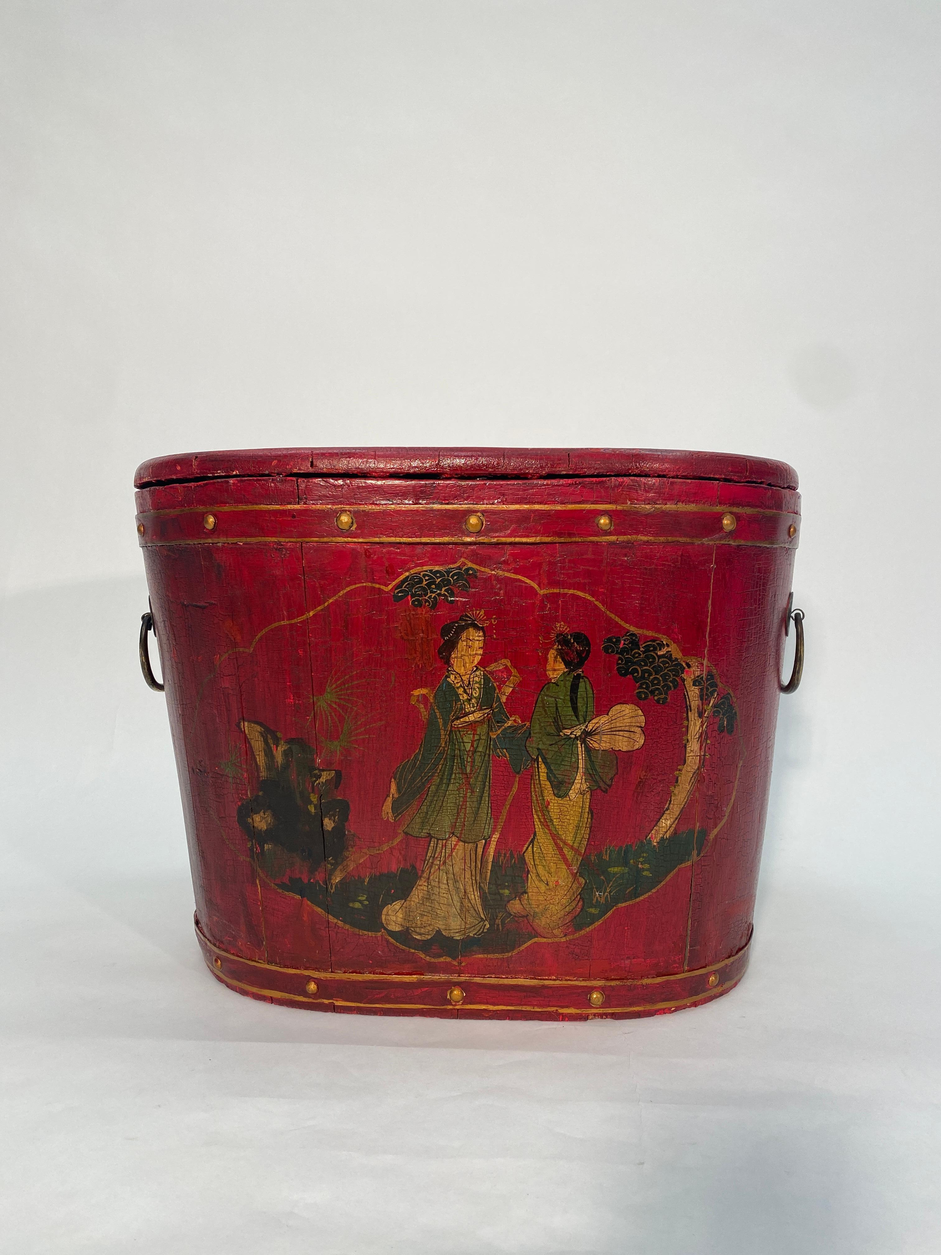 Gorgeous Chinoiserie hand painted rice pail with lid. Great decorative accent item. 

Measures: 19