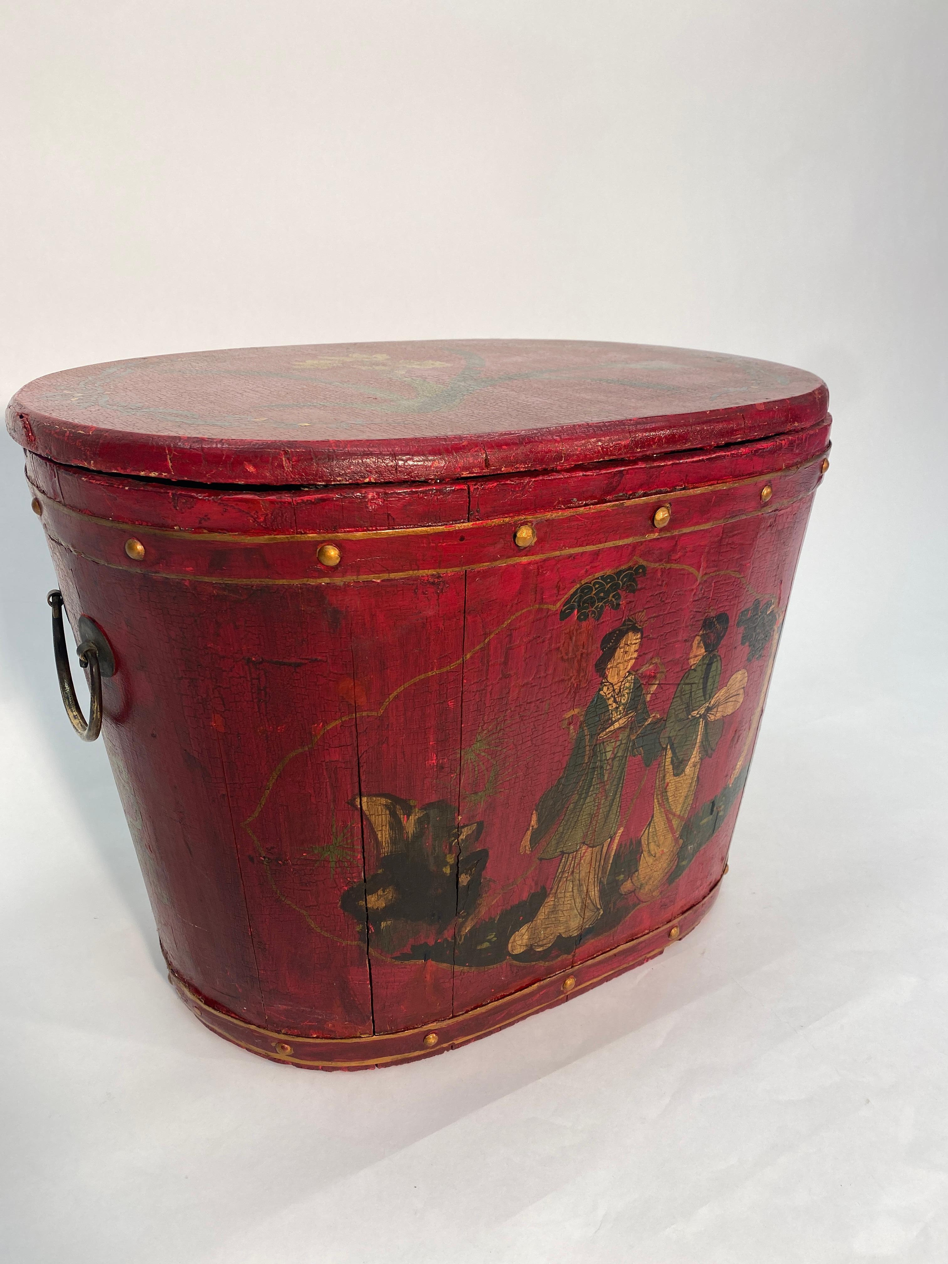 Chinese 19th Century Chinoiserie Red Lacquered Lidded Rice Pail