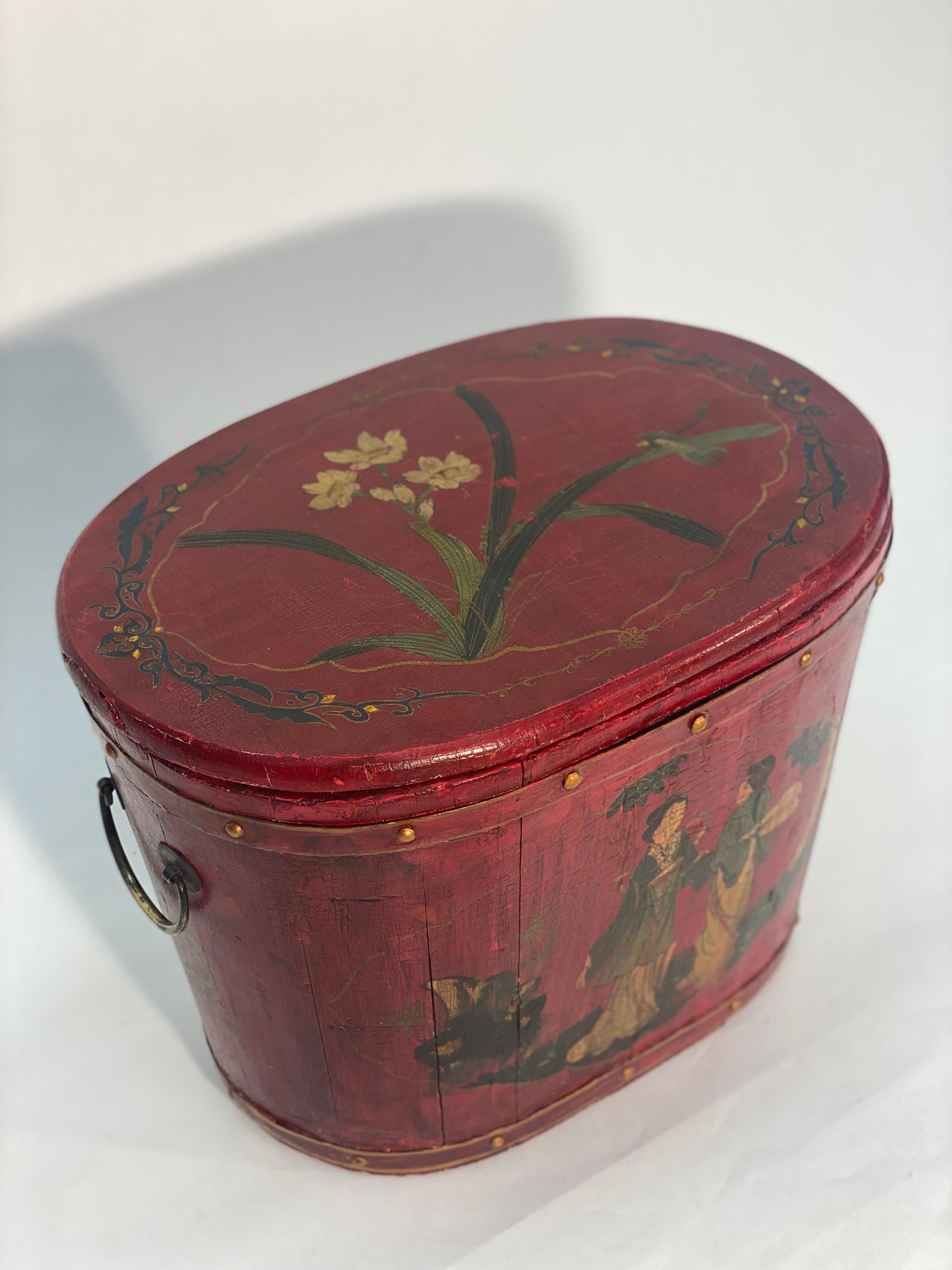 Hand-Painted 19th Century Chinoiserie Red Lacquered Lidded Rice Pail