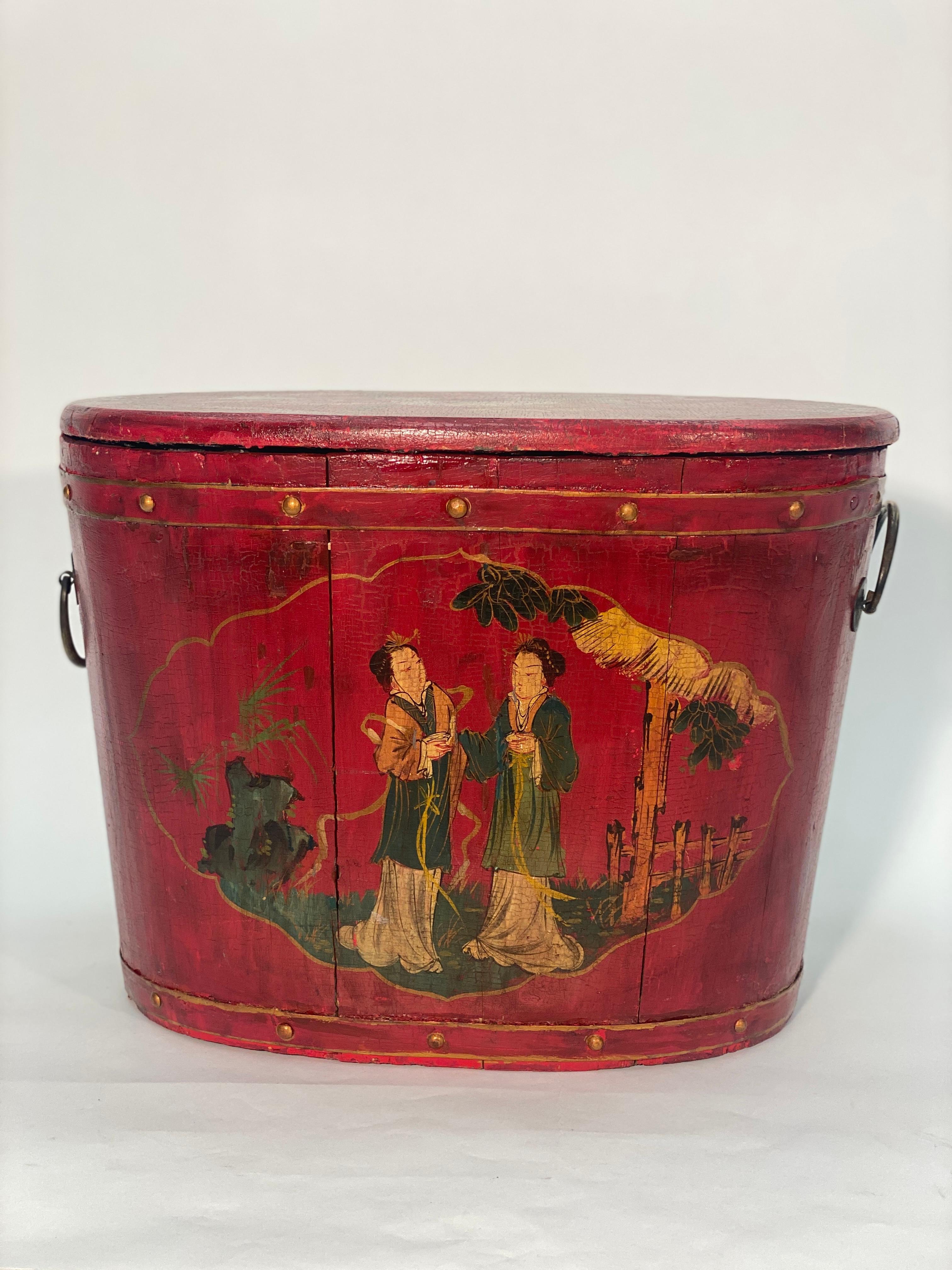 Mid-19th Century 19th Century Chinoiserie Red Lacquered Lidded Rice Pail