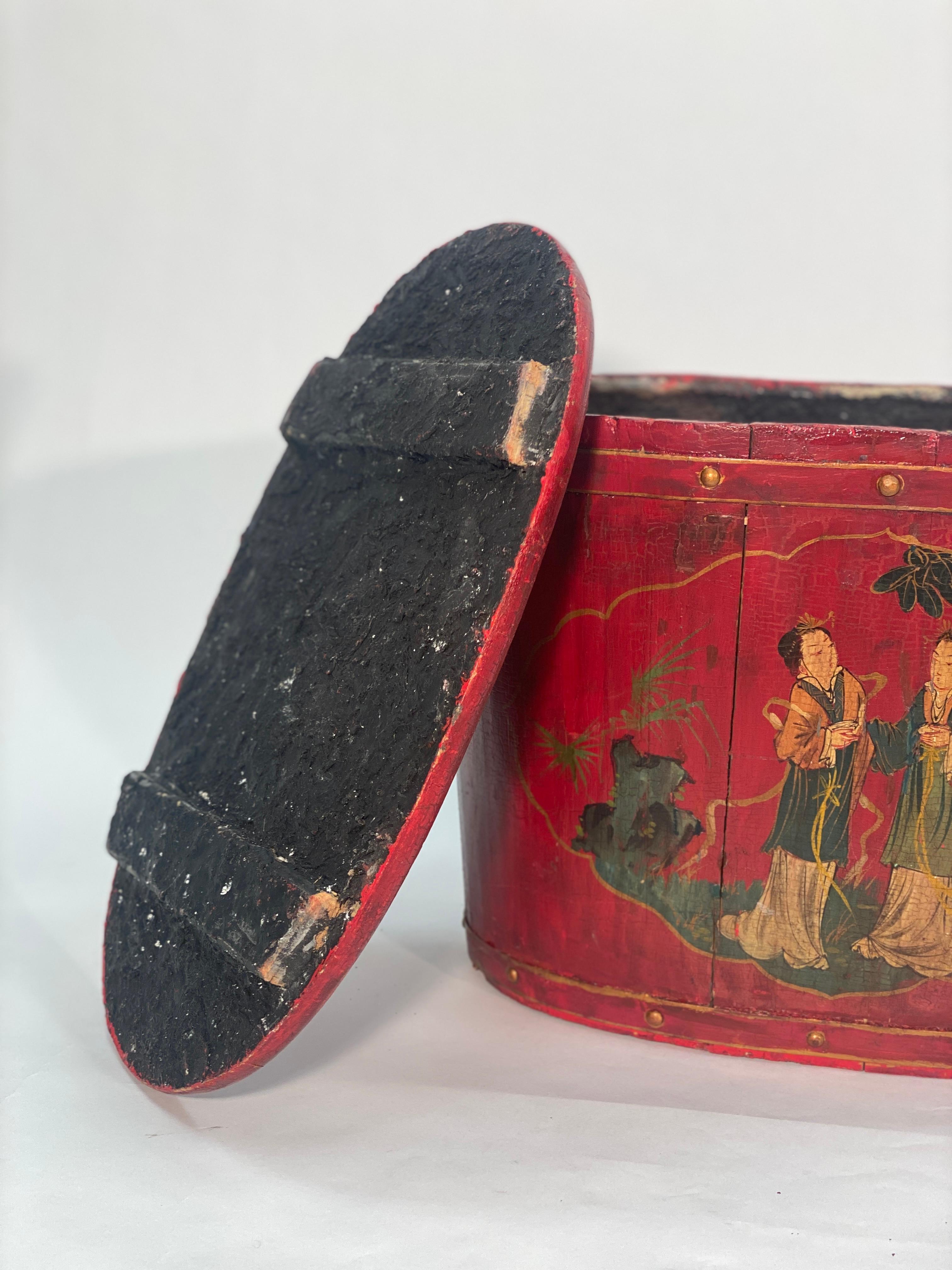 19th Century Chinoiserie Red Lacquered Lidded Rice Pail 2