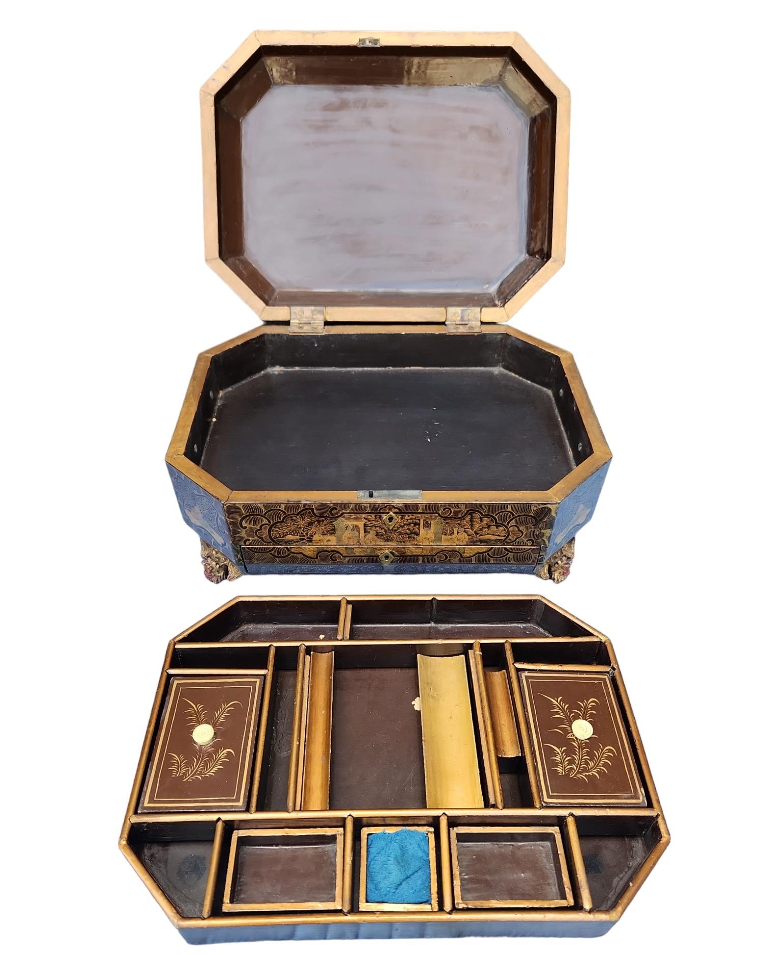 Hand-Carved 19th Century Chinoiserie Sewing Box For Sale
