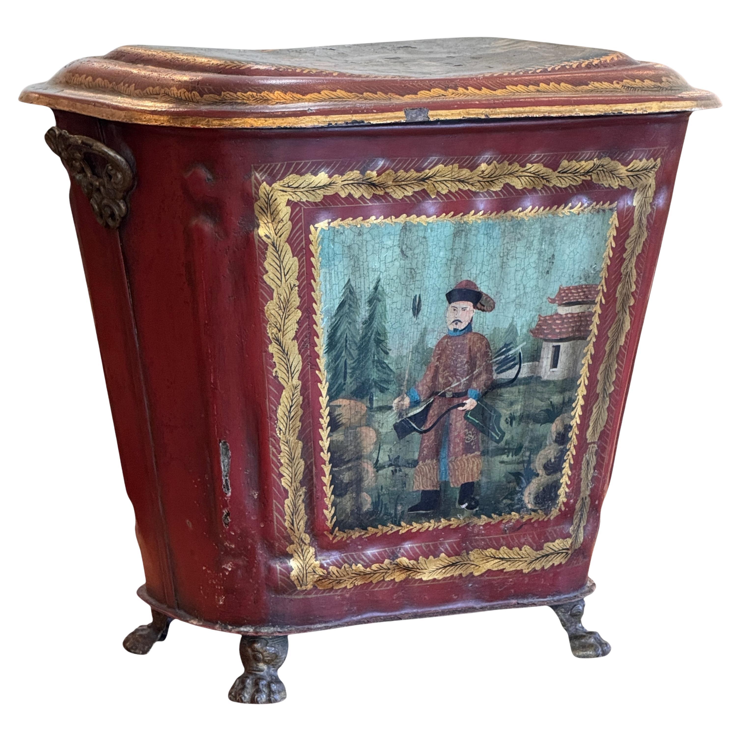 19th Century Chinoiserie Tole Coal Bin With Hand-Painted Decoration