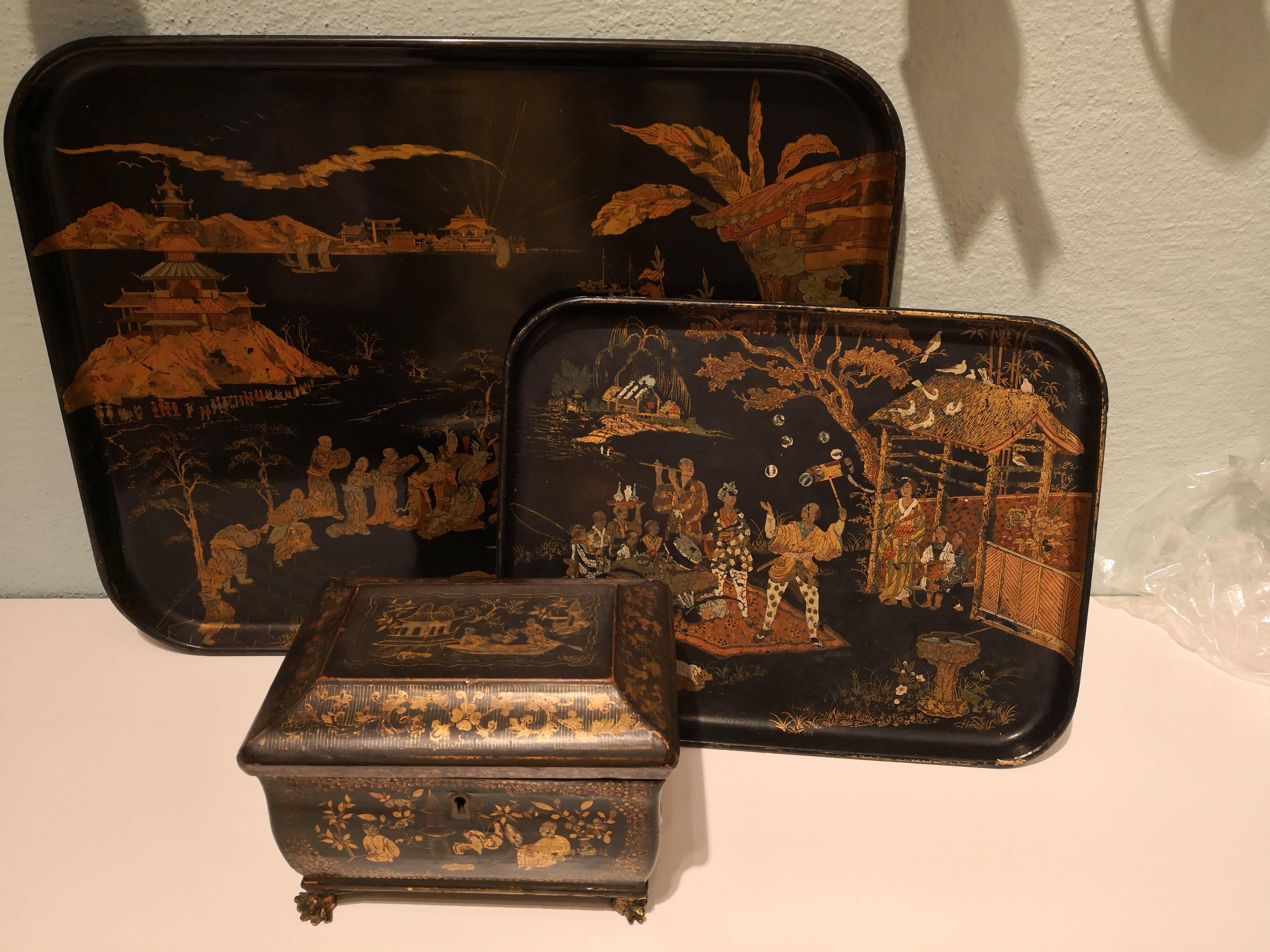 Wood 19th Century Chinoiserie Tray Black with Gold Details