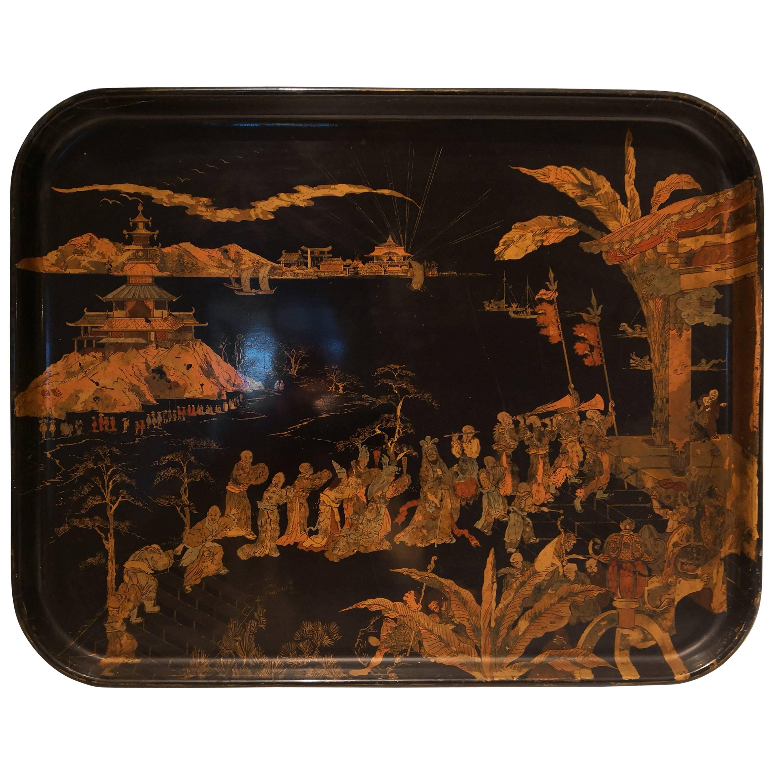 19th Century Chinoiserie Tray Black with Gold Details