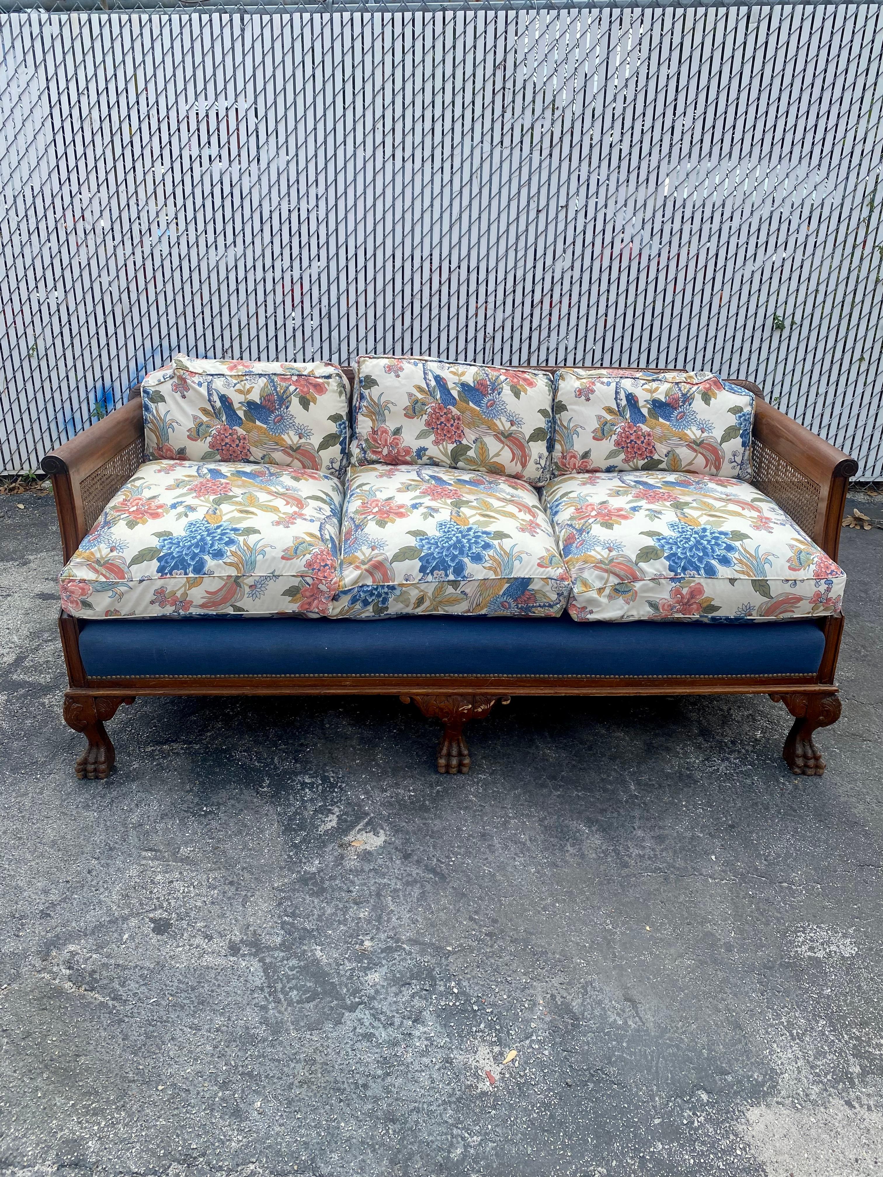 French Victorian Down Chinoiserie Carved Wood Claw Rattan Cane Sofa Chairs , Set of 3 For Sale