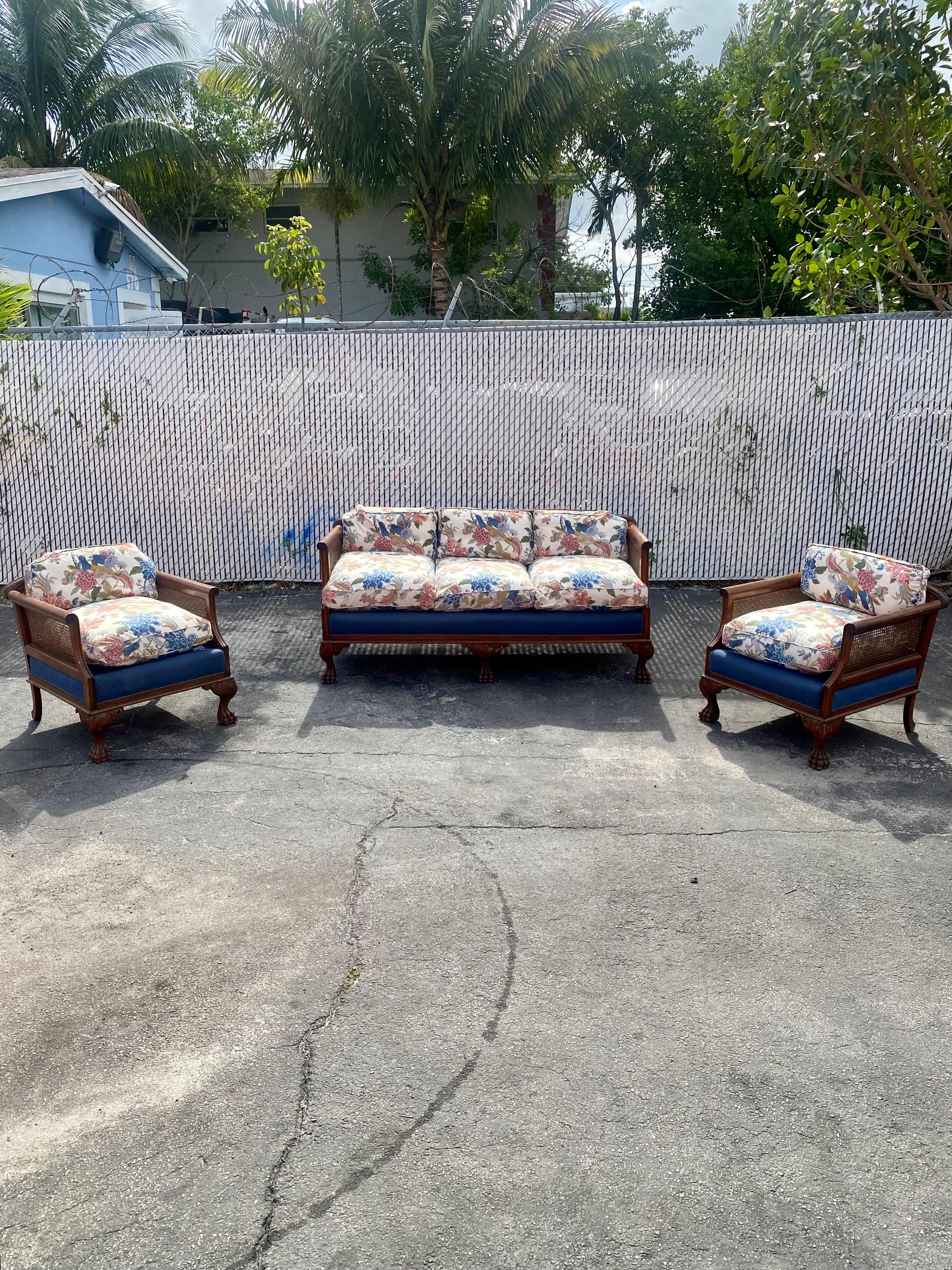 19th Century Victorian Down Chinoiserie Carved Wood Claw Rattan Cane Sofa Chairs , Set of 3 For Sale