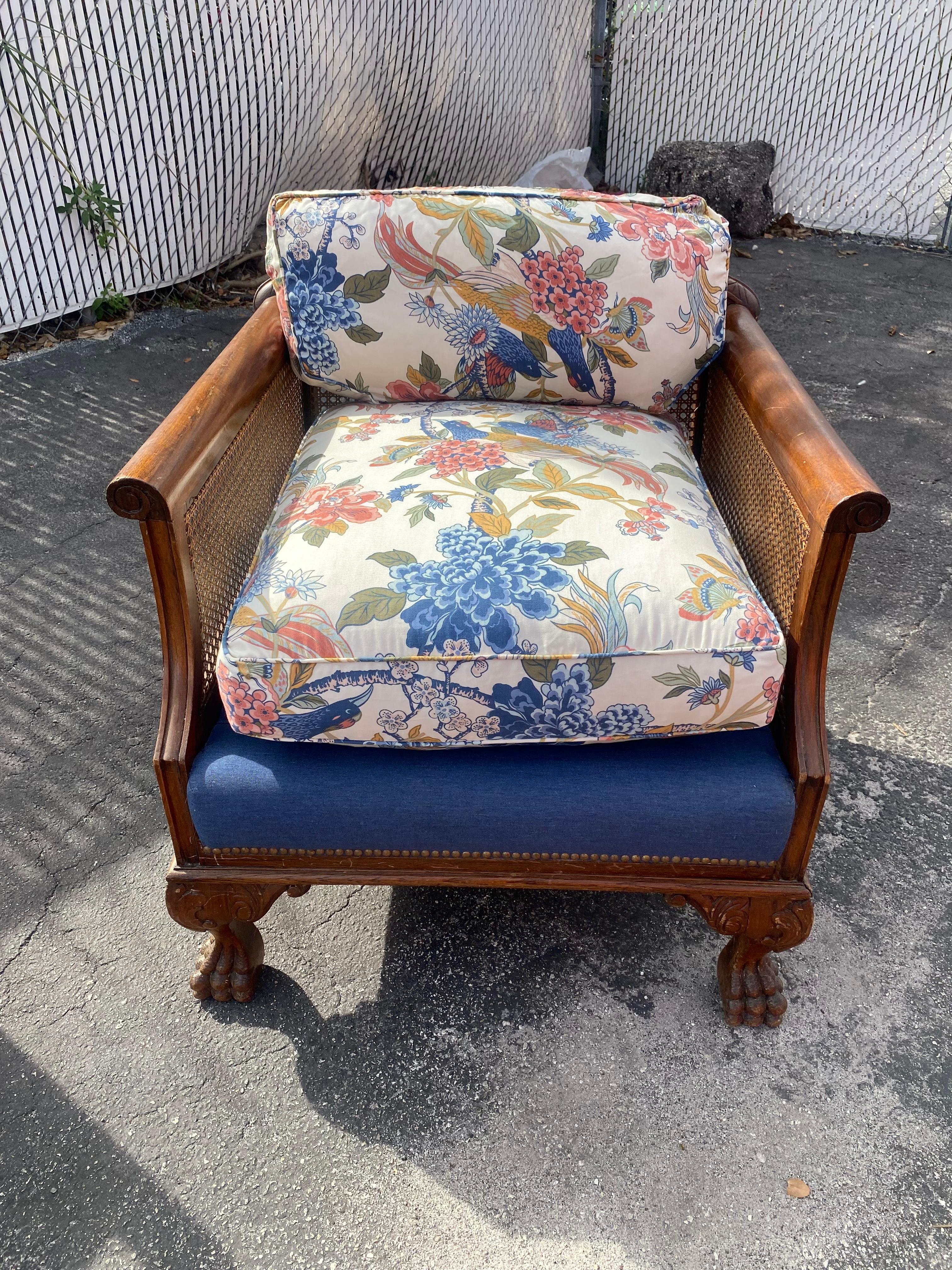 Victorian Down Chinoiserie Carved Wood Claw Rattan Cane Sofa Chairs , Set of 3 In Good Condition For Sale In Fort Lauderdale, FL
