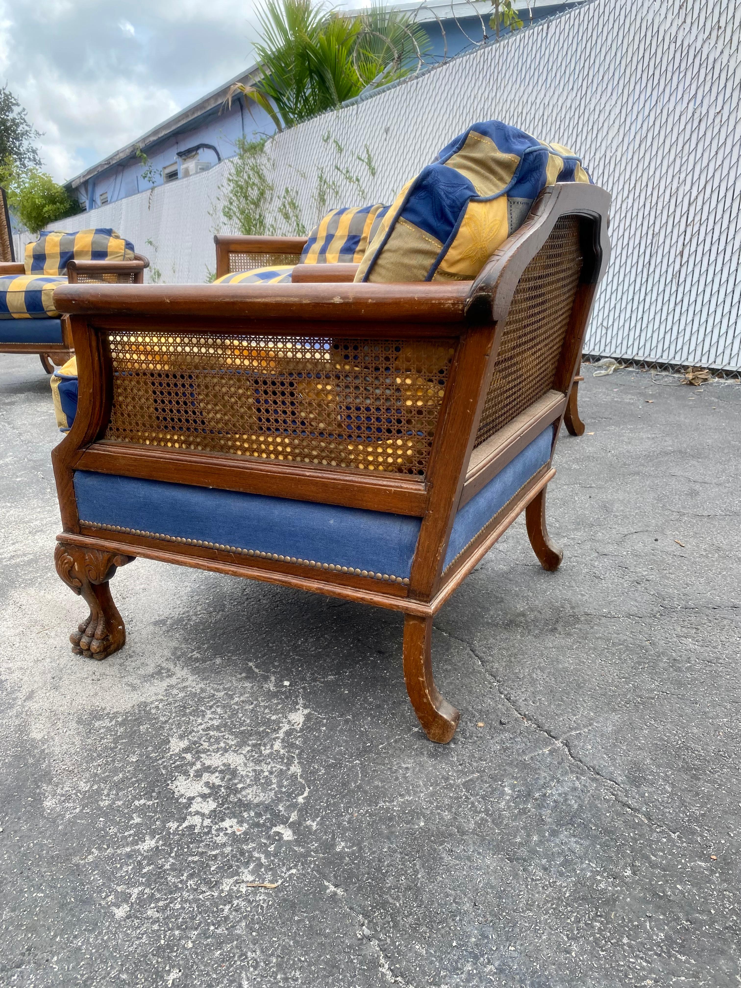 19th Century Victorian Down Chinoiserie Carved Wood Claw Rattan Cane Sofa Chairs , Set of 3 For Sale