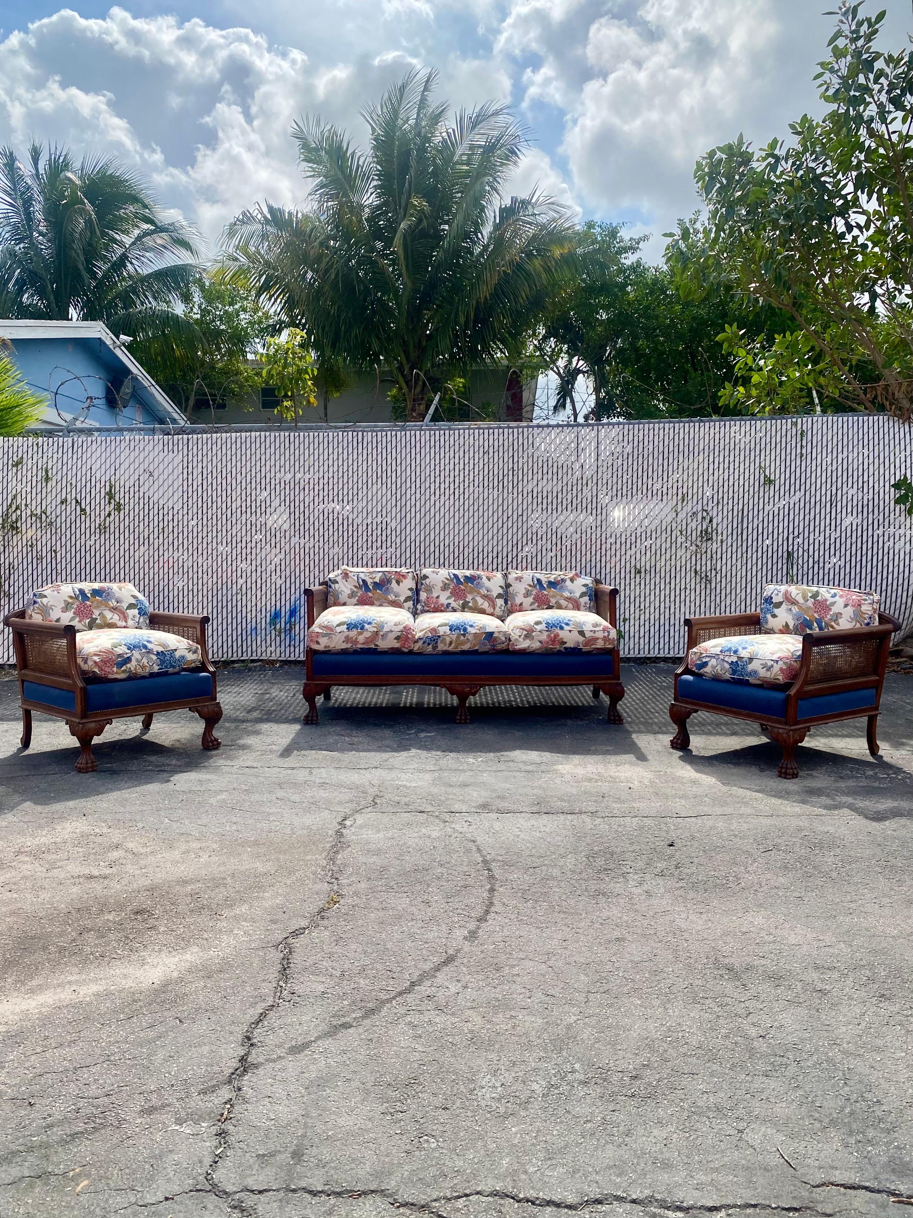 Upholstery Victorian Down Chinoiserie Carved Wood Claw Rattan Cane Sofa Chairs , Set of 3 For Sale
