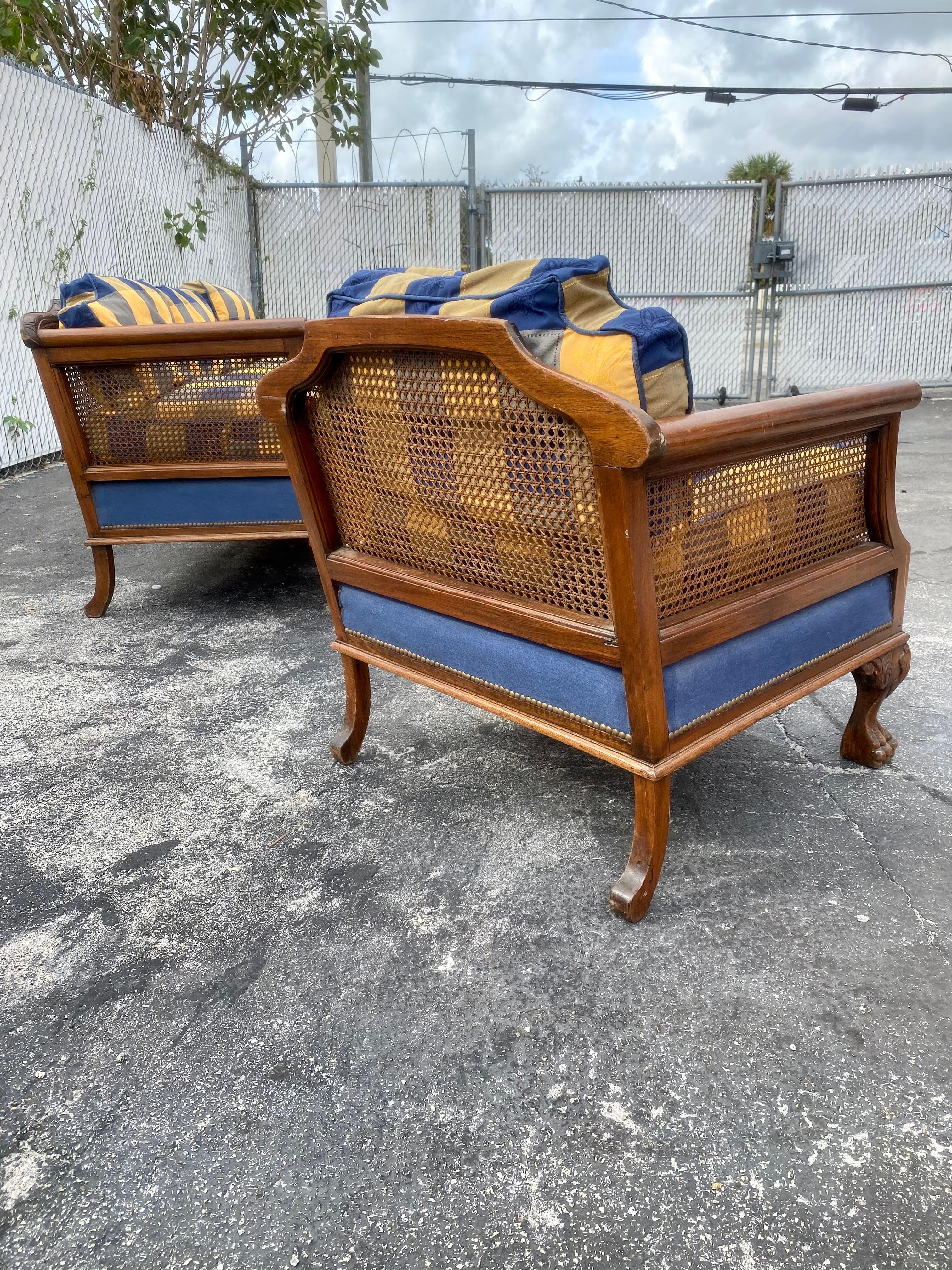 Victorian Down Chinoiserie Carved Wood Claw Rattan Cane Sofa Chairs , Set of 3 For Sale 3