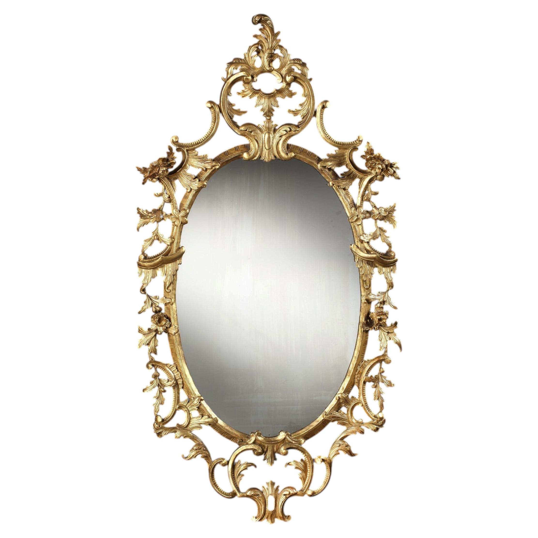 19th Century Chippendale Style Giltwood Oval Mirror in the Rococo Manner