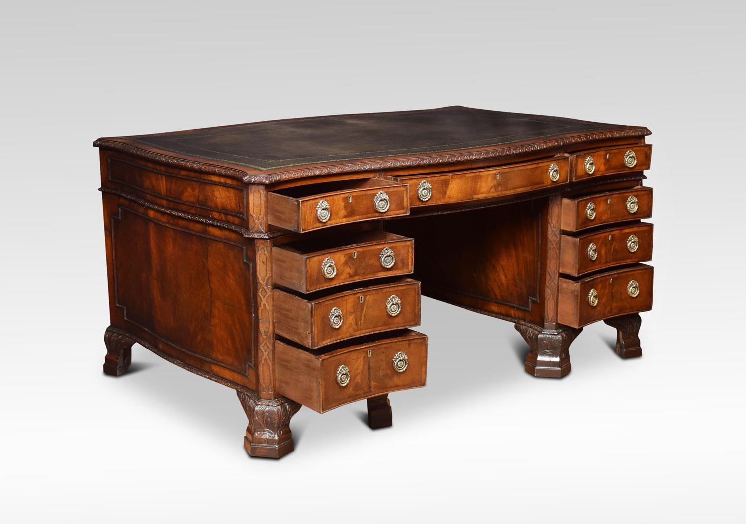 British 19th Century Chippendale Style Mahogany Serpentine Twin Pedestal Desk