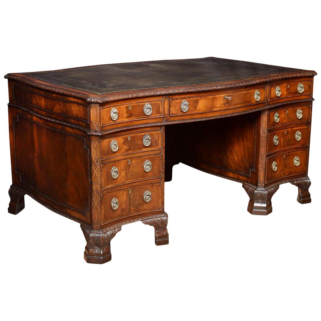 19th Century Chippendale Style Mahogany Serpentine Twin Pedestal Desk