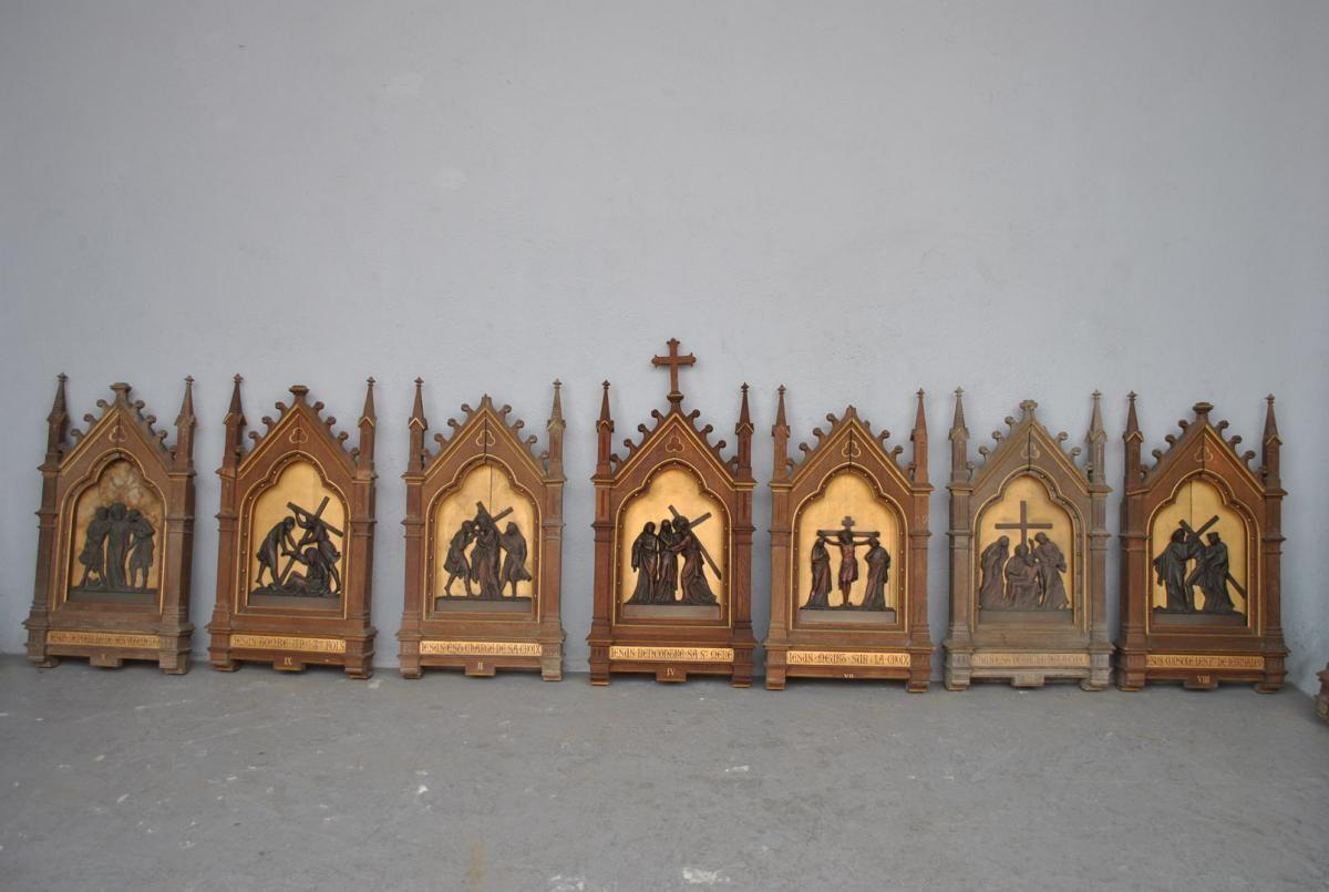 French 19th Century Christians Way of the Cross Sculpted Gothic Style 14 Pieces