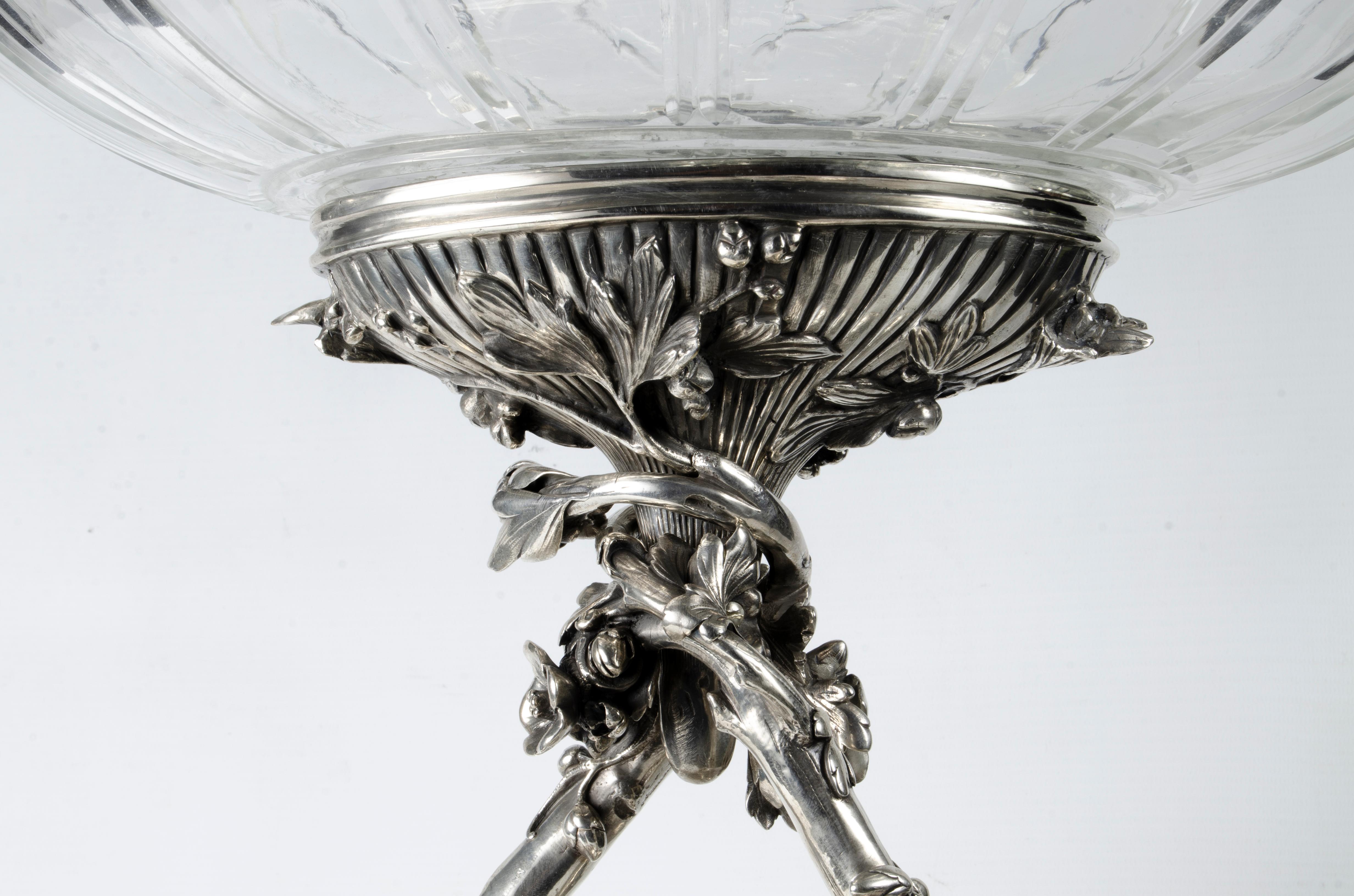 Centro de mesa Christofle plateado del siglo XIX con cuenco de cristal de Baccarat, Francia Metal en venta