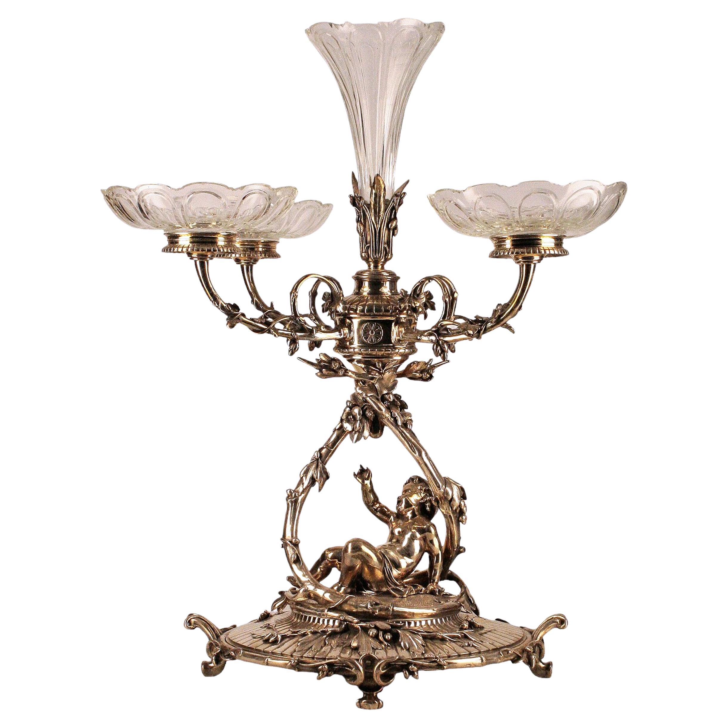 Centrotavola Epergne argentato di Christofle del XIX secolo con vetro Baccarat, Francia