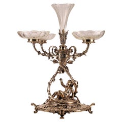 Antique 19th Century Christofle Silvered Epergne Centerpiece with Baccarat Glass, France
