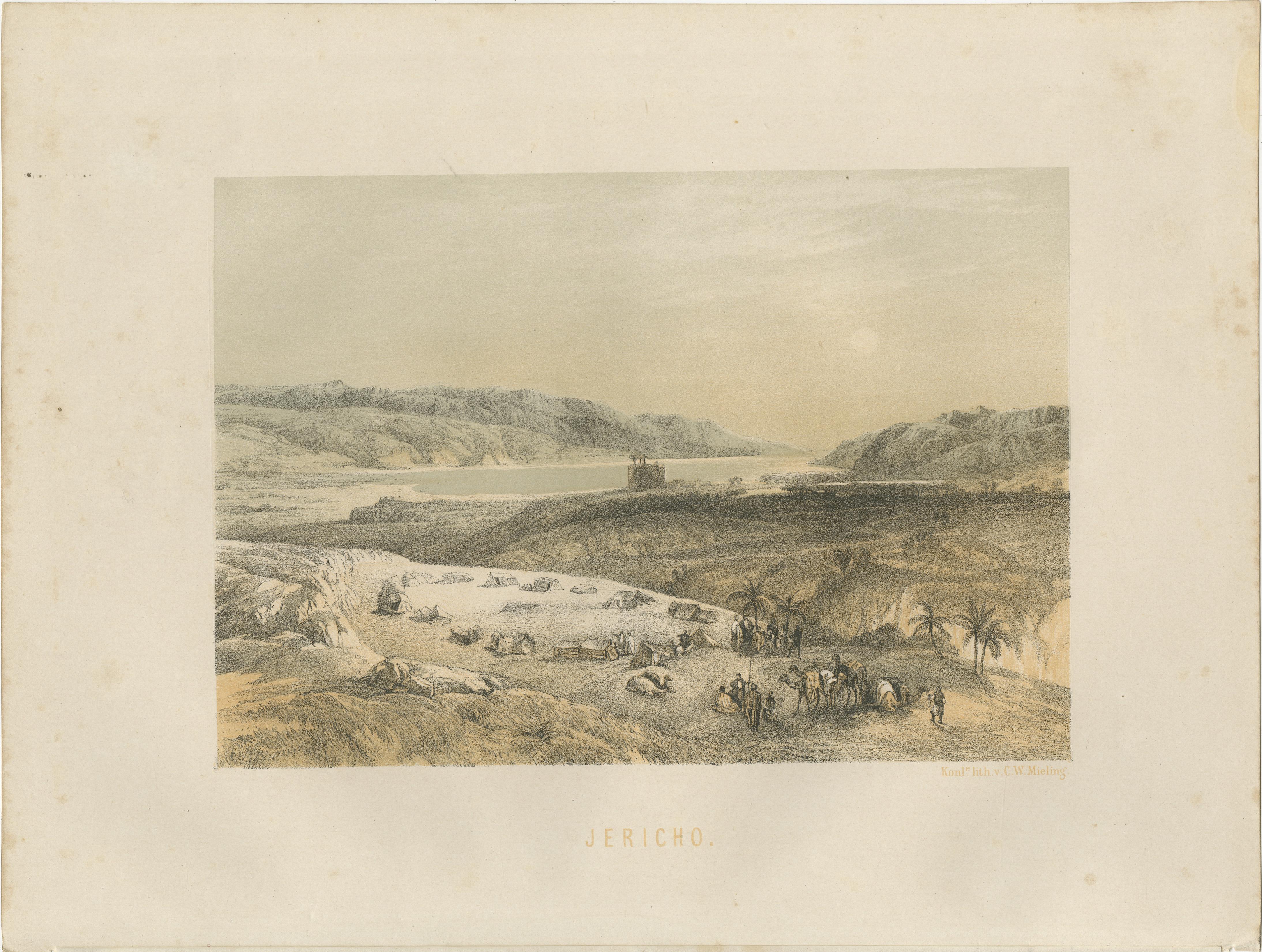 Titre : Chromolithographie du XIXe siècle représentant Jéricho - Paysage biblique d'après David Roberts  

Description :  
Cette belle chromolithographie du XIXe siècle présente une vue historique et atmosphérique de Jéricho, l'une des plus