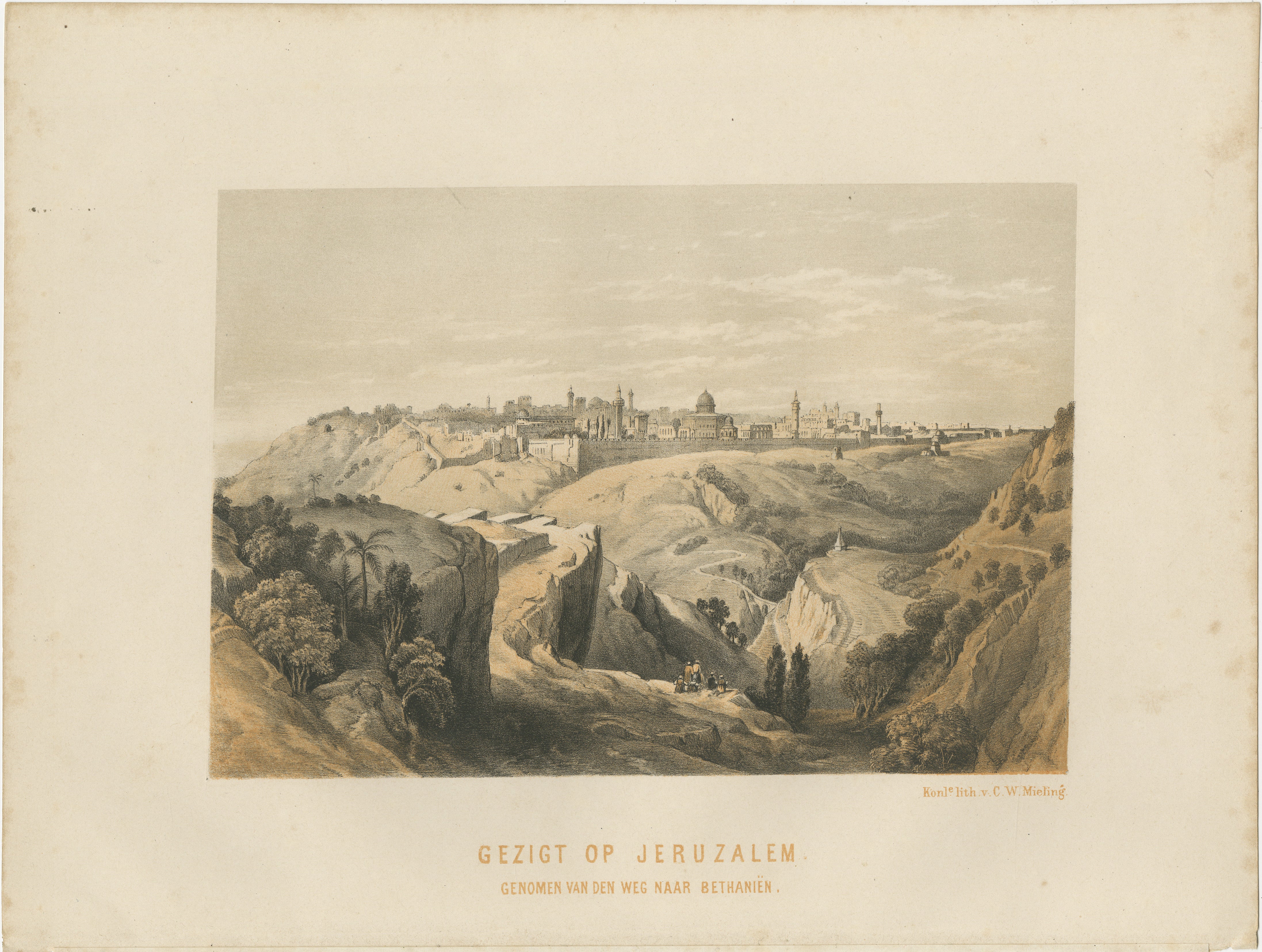 Titre : Chromolithographie du XIXe siècle représentant Jérusalem - Vue de la route de Béthanie D'après David Roberts  

Description :  
Cette remarquable chromolithographie du XIXe siècle présente une vue panoramique de Jérusalem depuis la route de